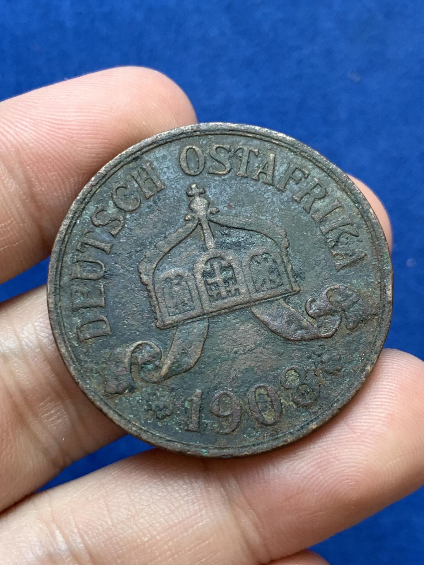 《竞宝斋》第288场-周六， 周日，周一 3场连拍 （全场包邮） 德属东非1908年5赫勒 克朗型大铜币少见