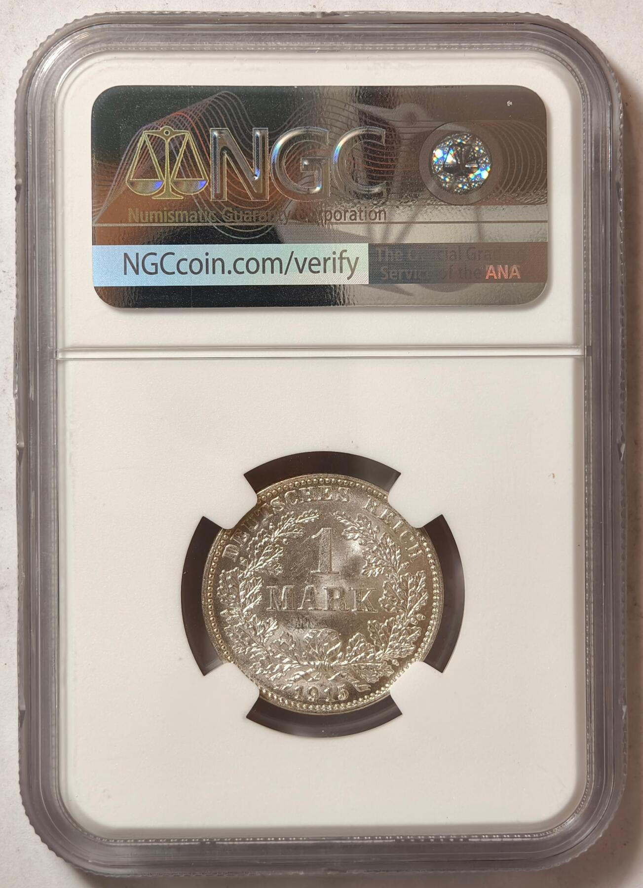 紫瑗钱币——第382期拍卖 德国 1915年 G版 第二帝国 长翅 1马克 银币 NGC MS63