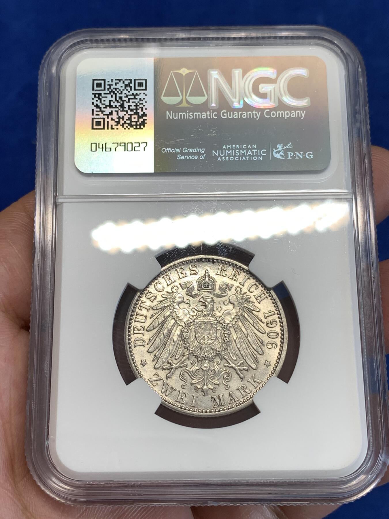 《竞宝斋》第288场-周六， 周日，周一 3场连拍 （全场包邮） NGC UNC 巴登1906金婚2马克纪念银币 转光不错 严评无分 性价比高