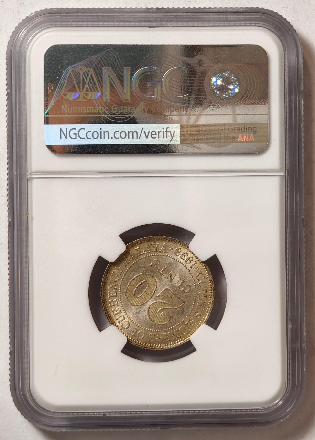 紫瑗钱币——第458期 马来亚 1939年 乔治六世 20分 银币 NGC MS62
