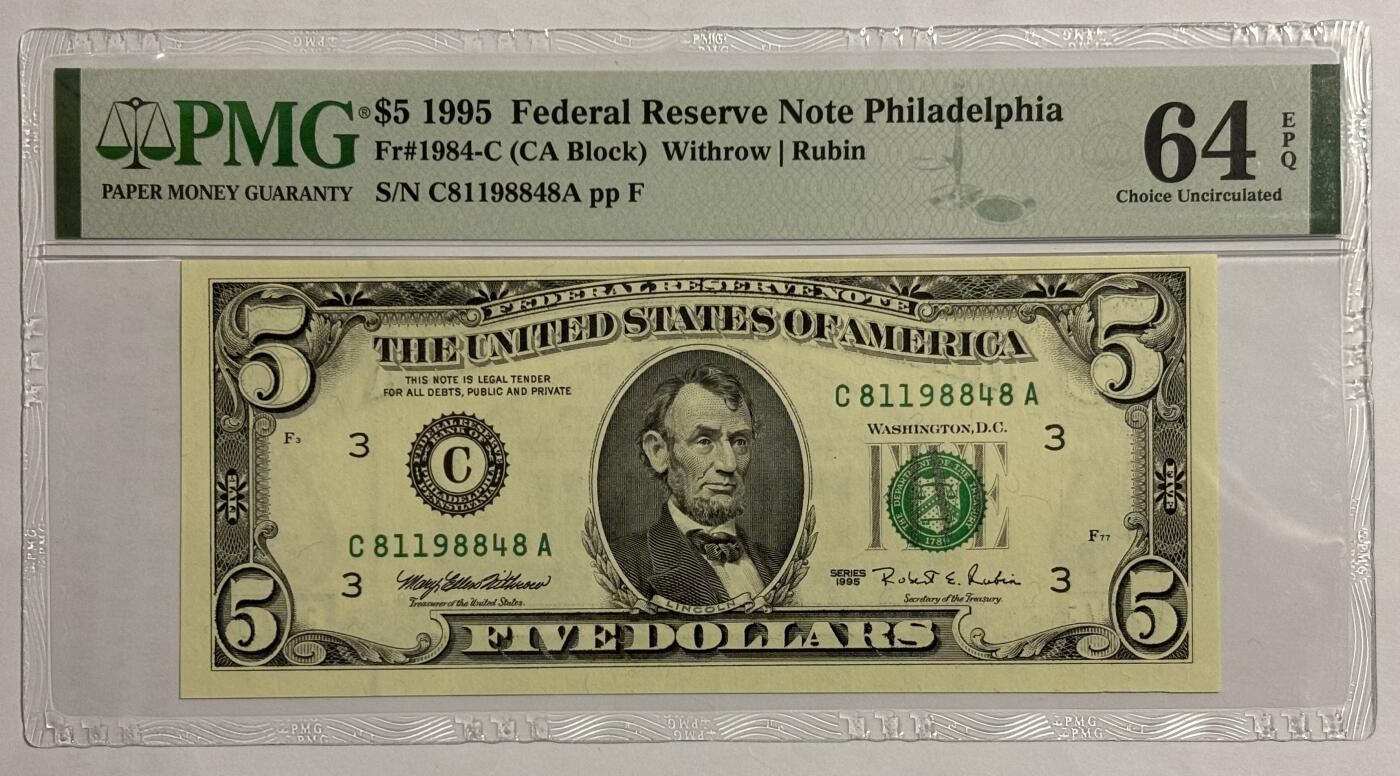 Chase Auction 第30期 - - 外钞、民国钞和人民币混合场！ 1995年 5美元 联邦储备券 费城C区分行 准倒置号 PMG评级64EPQ
