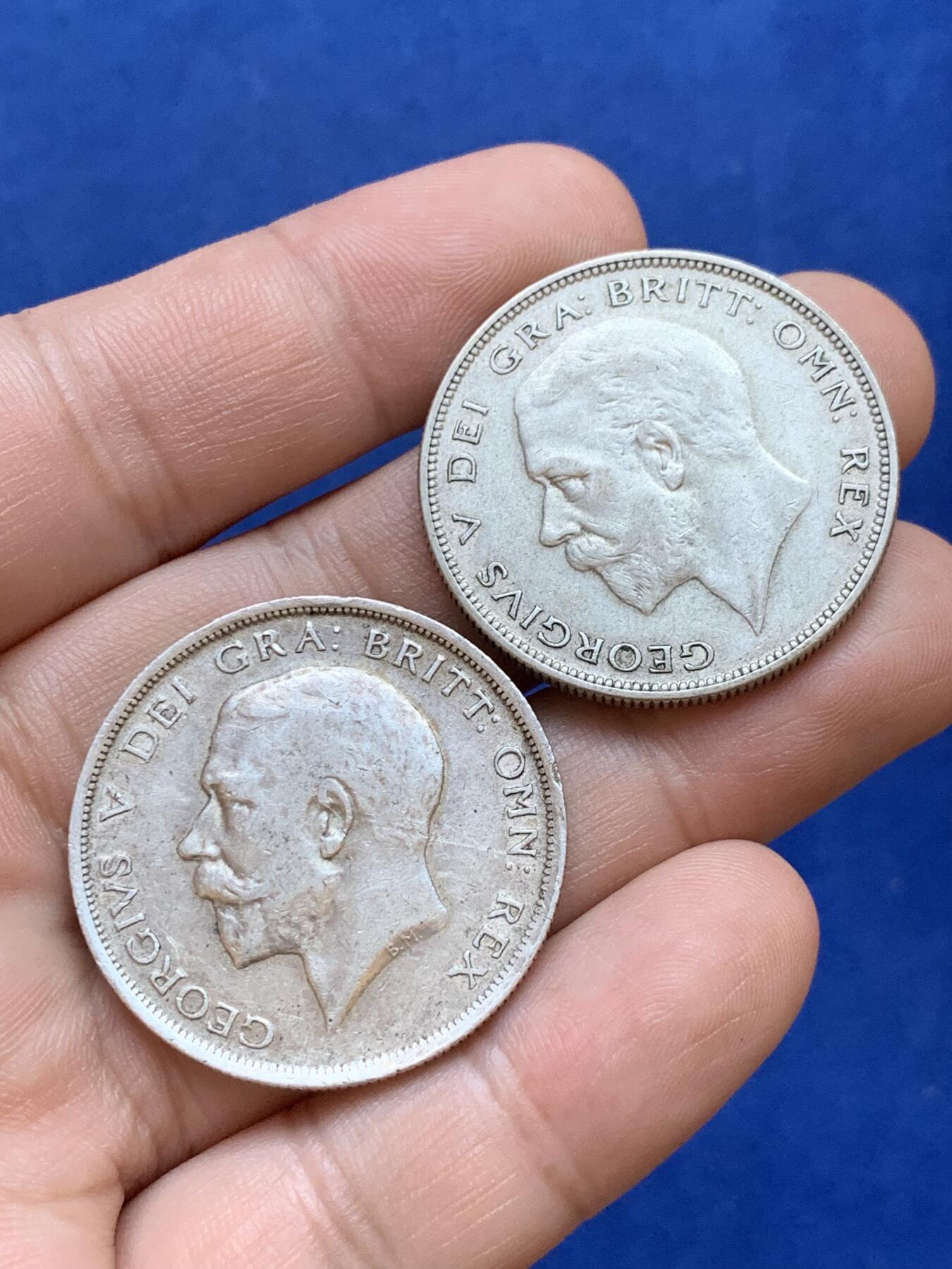 《竞宝斋》第288场-周六， 周日，周一 3场连拍 （全场包邮） 两枚一组 英国乔治五世半克朗银币 1936年+1916年 1916年为925高银版