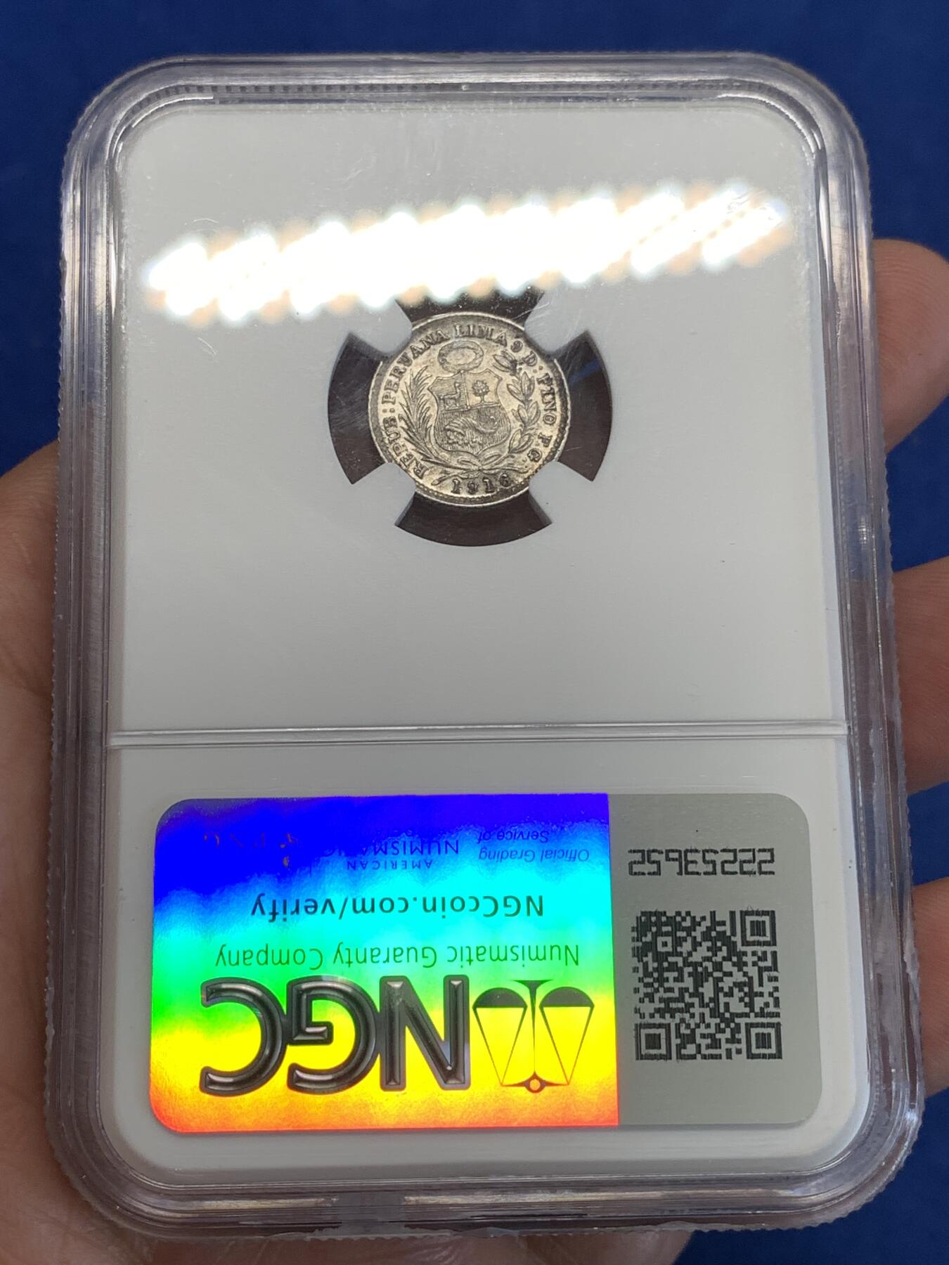 《竞宝斋》第288场-周六， 周日，周一 3场连拍 （全场包邮） NGC MS63 秘鲁1916年坐人1/2D小银币