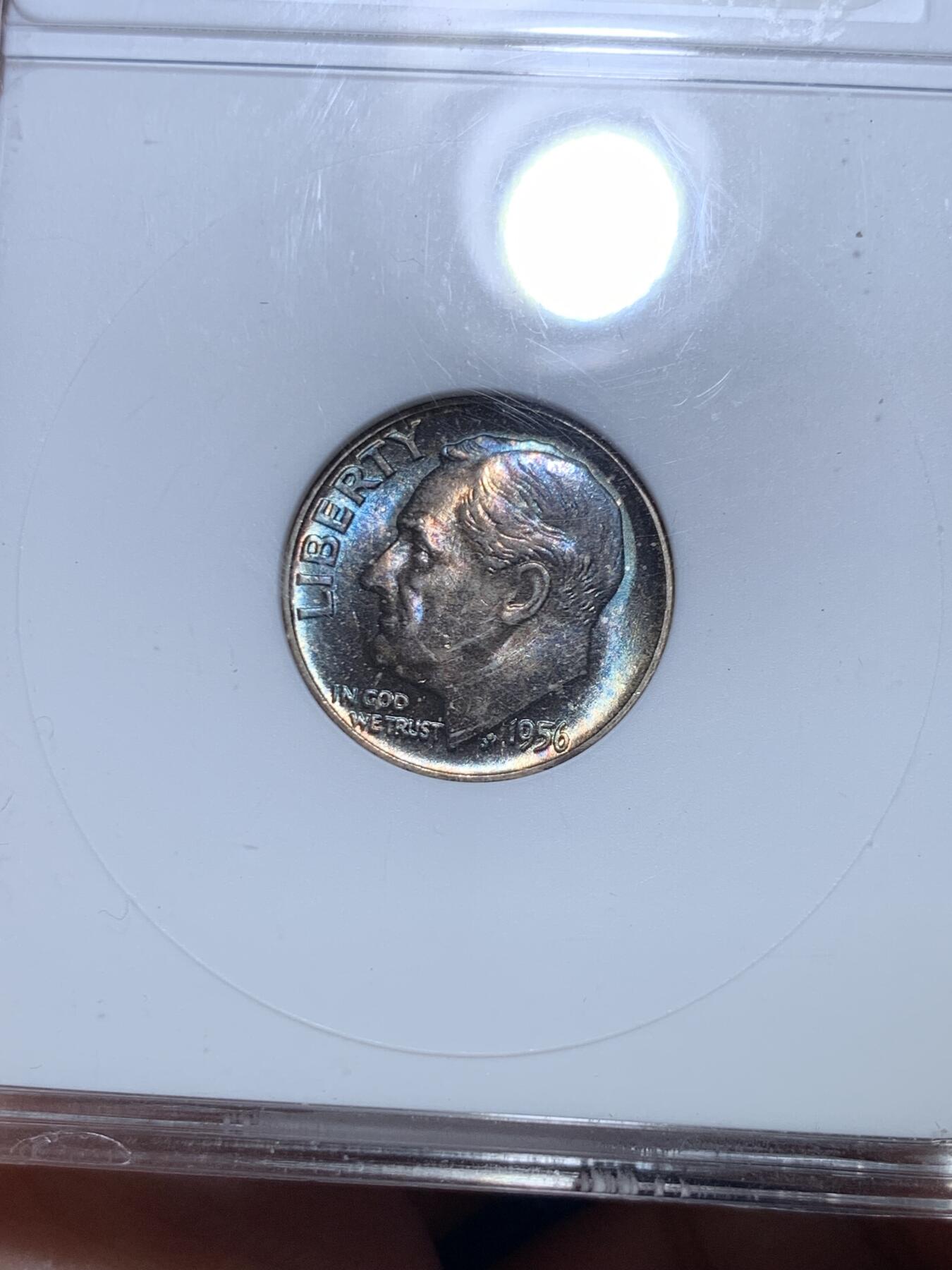 《竞宝斋》第288场-周六， 周日，周一 3场连拍 （全场包邮） ANACS MS66 美国 1956年 罗斯福 10美分 银币 五彩小白盒 很漂亮