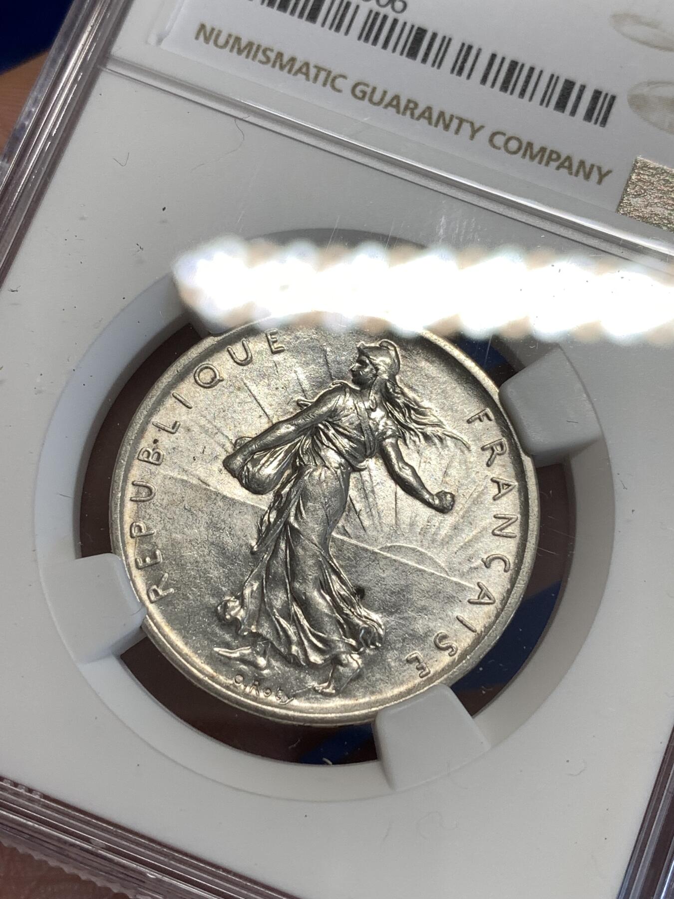 《竞宝斋》第288场-周六， 周日，周一 3场连拍 （全场包邮） NGC MS61 1960年法国播种女神5法郎银币