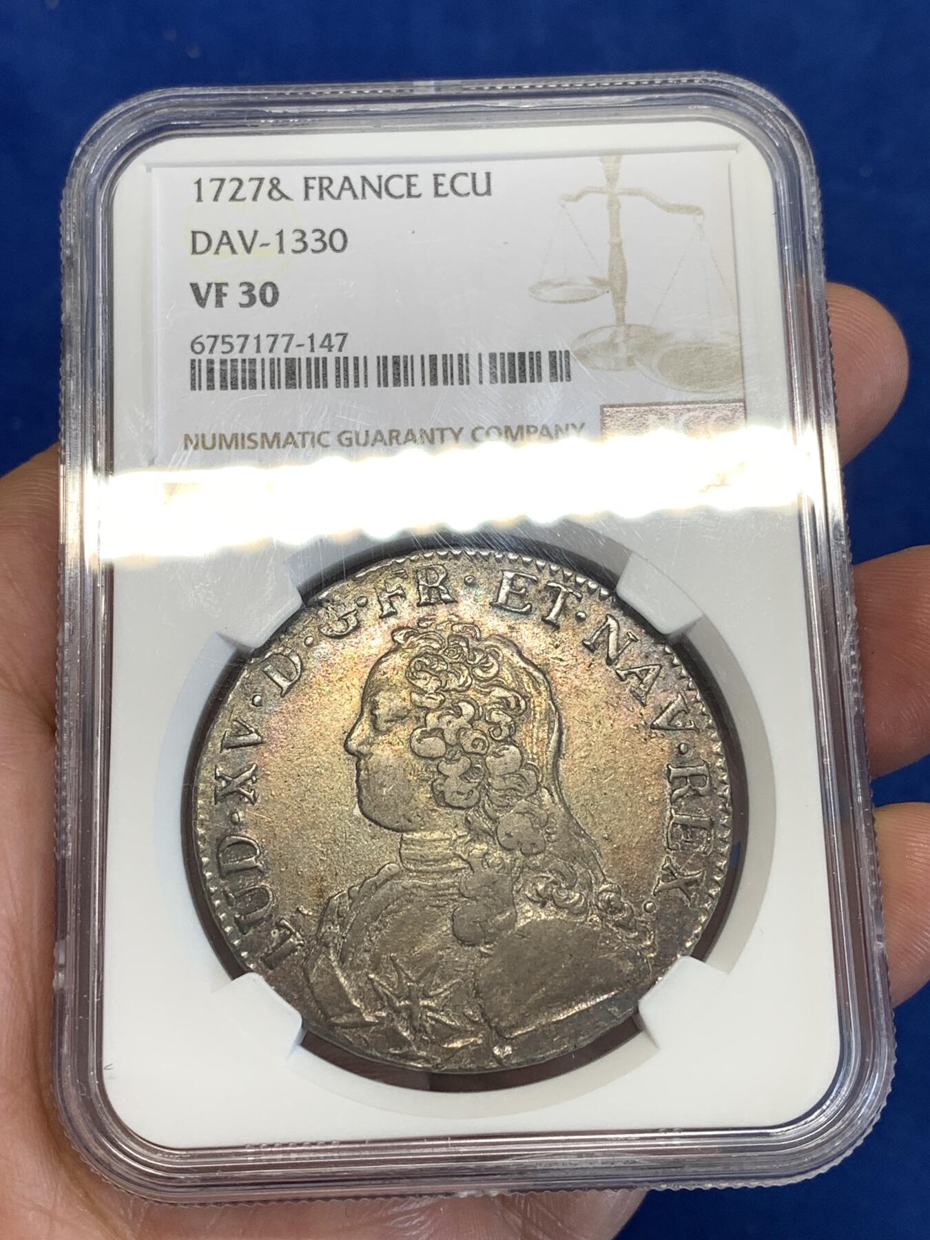 《竞宝斋》第288场-周六， 周日，周一 3场连拍 （全场包邮） NGC VF30 法国1727年路易十五埃居大银 金彩包浆 唯一冠军分