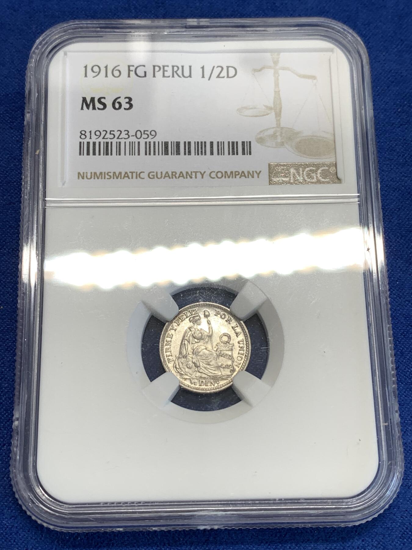 《竞宝斋》第288场-周六， 周日，周一 3场连拍 （全场包邮） NGC MS63 秘鲁1916年坐人1/2D小银币