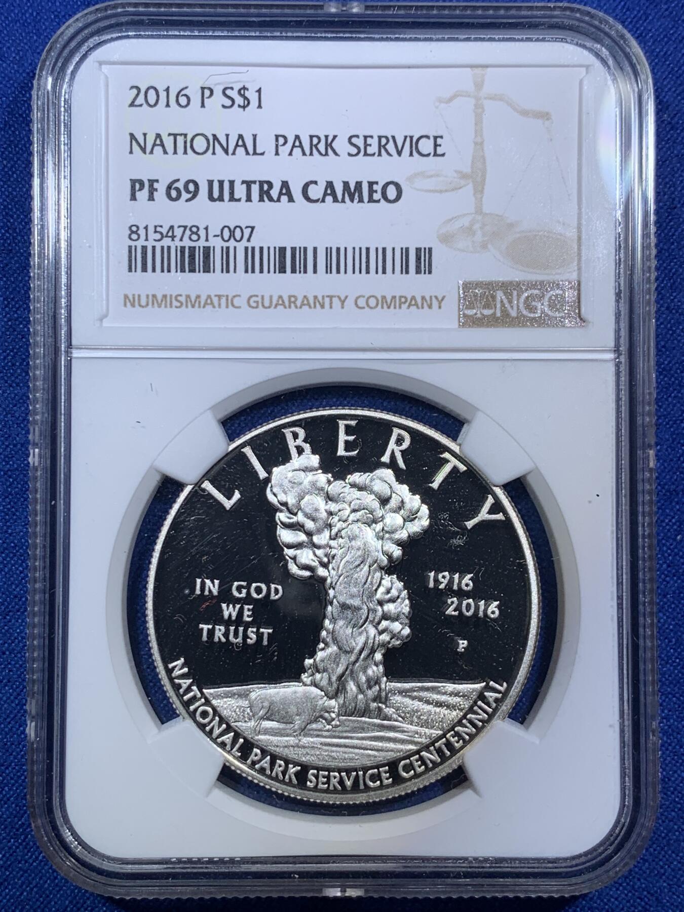 《竞宝斋》第288场-周六， 周日，周一 3场连拍 （全场包邮） NGC PF69UC 美国2016年国家公园1美元精制纪念银币 发行量最少的美国现代纪念银币之一。PROOF精制币，币面清爽干净又漂亮，打制精美。
