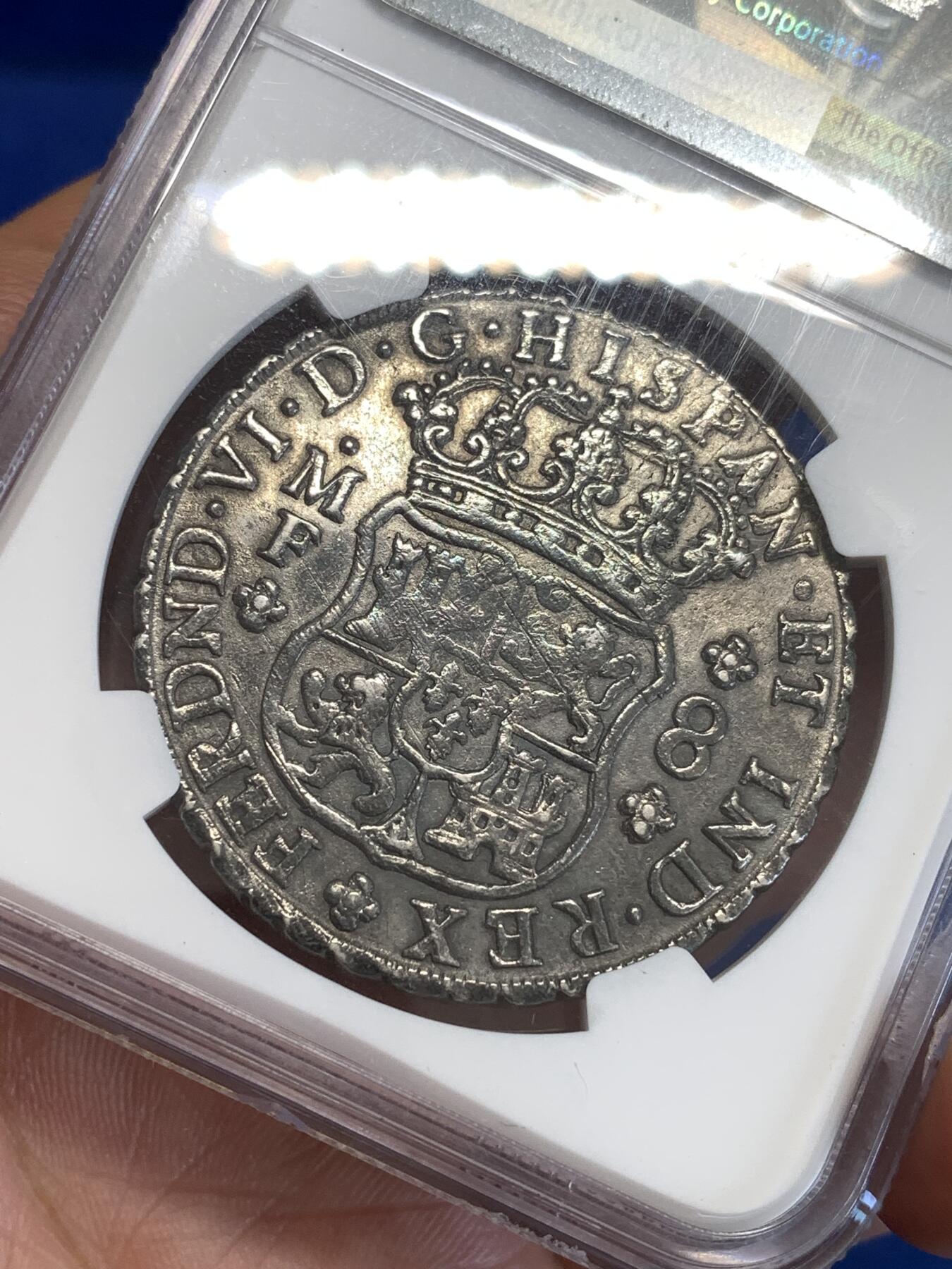 《竞宝斋》第288场-周六， 周日，周一 3场连拍 （全场包邮） NGC AUD 西属墨西哥1751年地球双柱8R银币 费迪南六世版本