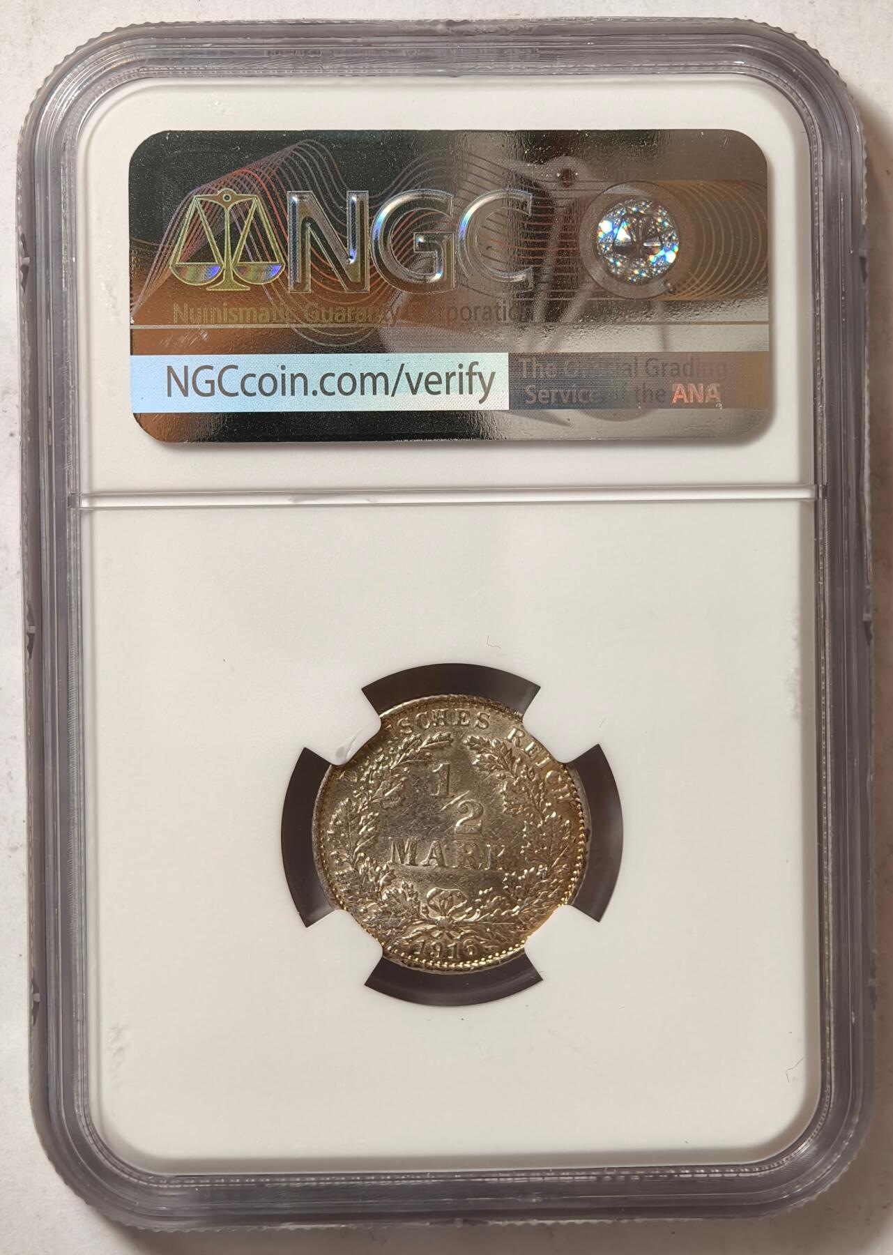 紫瑗钱币——第458期 德国 1916年 G版 第二帝国 1/2马克 银币 NGC MS62