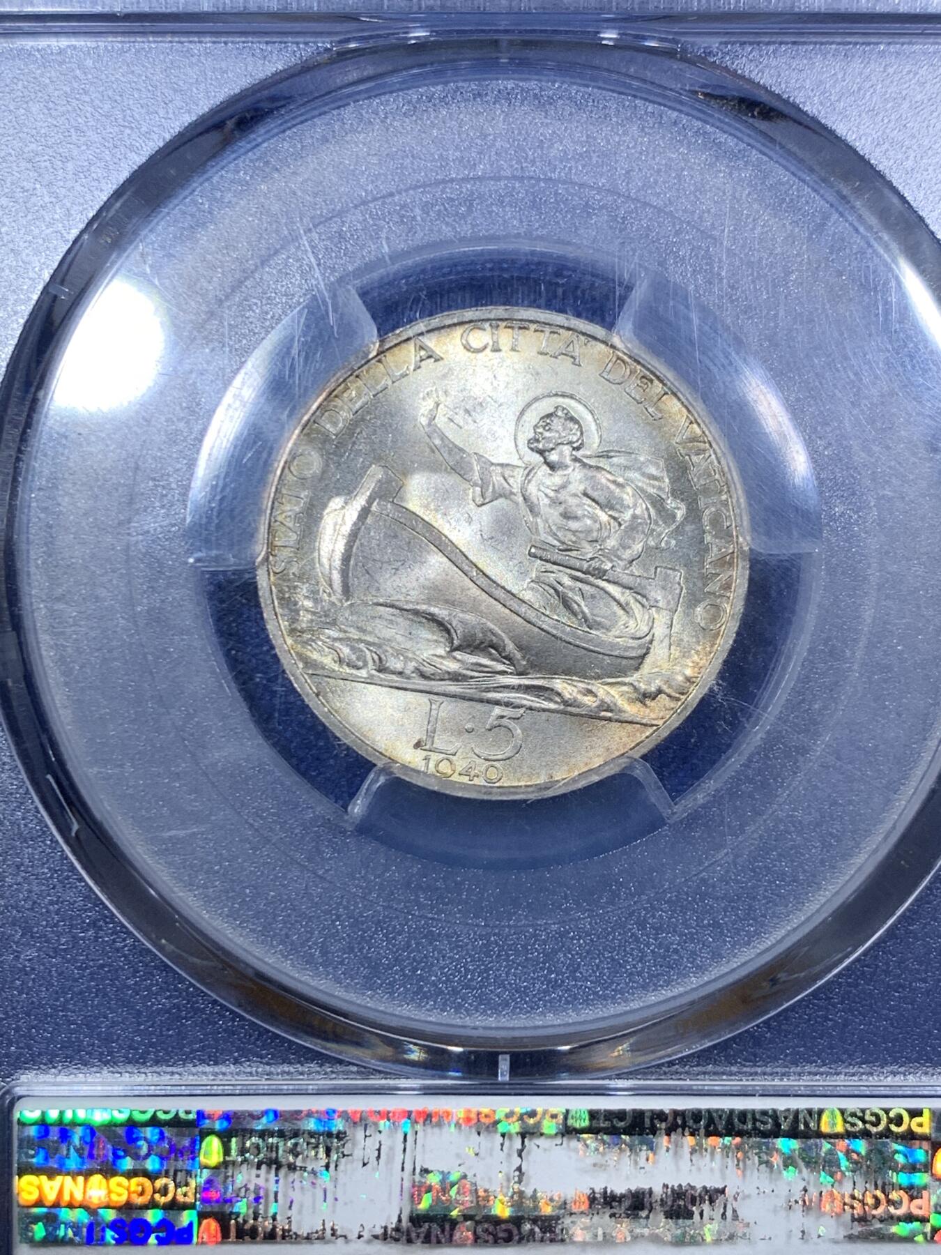 《竞宝斋》第288场-周六， 周日，周一 3场连拍 （全场包邮） PCGS MS64 梵蒂冈1940年教皇庇护十二世5里拉 原味包浆 淡黄油彩