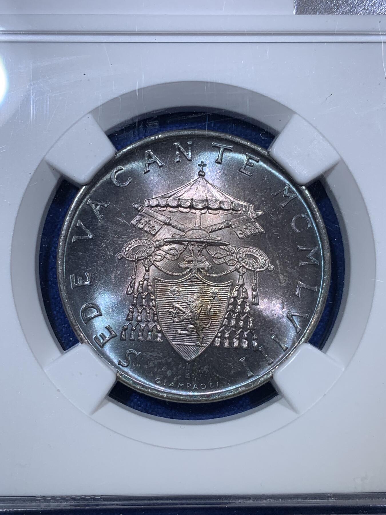 《竞宝斋》第288场-周六， 周日，周一 3场连拍 （全场包邮） NGC MS64 梵蒂冈1958年教皇缺位500里拉银币