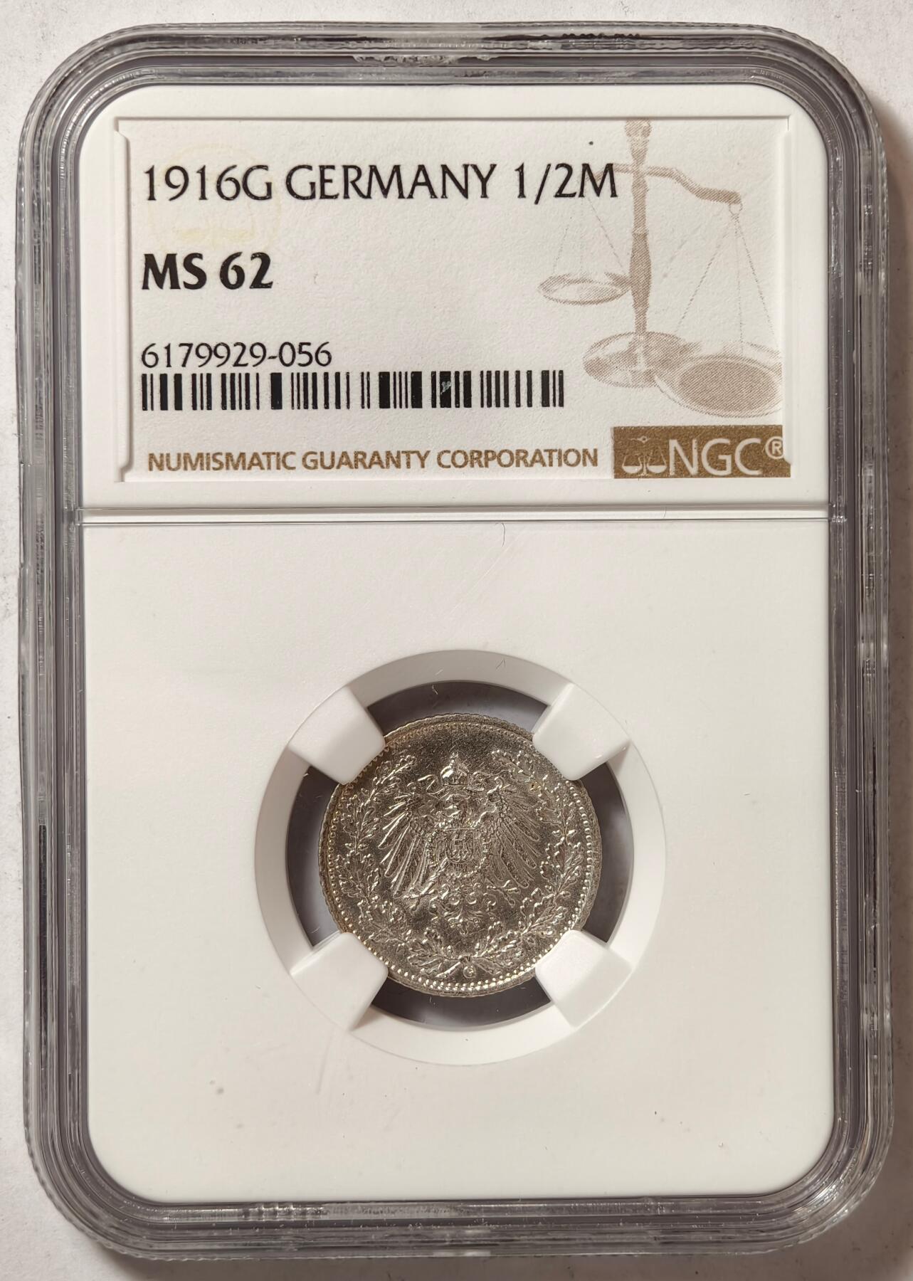 紫瑗钱币——第458期 德国 1916年 G版 第二帝国 1/2马克 银币 NGC MS62
