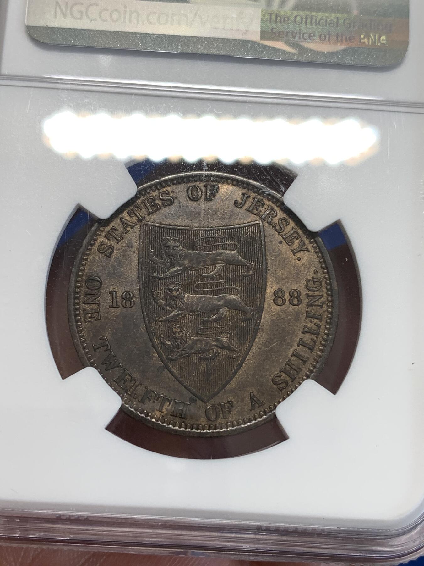 《竞宝斋》第288场-周六， 周日，周一 3场连拍 （全场包邮） NGC AU58BN 英属泽西岛1888年维多利亚女皇1/12先令铜币 状态好 更高分只有九枚