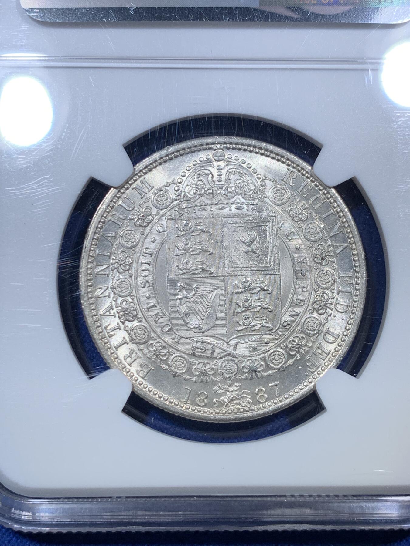 《竞宝斋》第288场-周六， 周日，周一 3场连拍 （全场包邮） NGC MS62+ 英国1887年维多利亚高冠半克朗银币 底板清爽带银霜 背面63分的品质