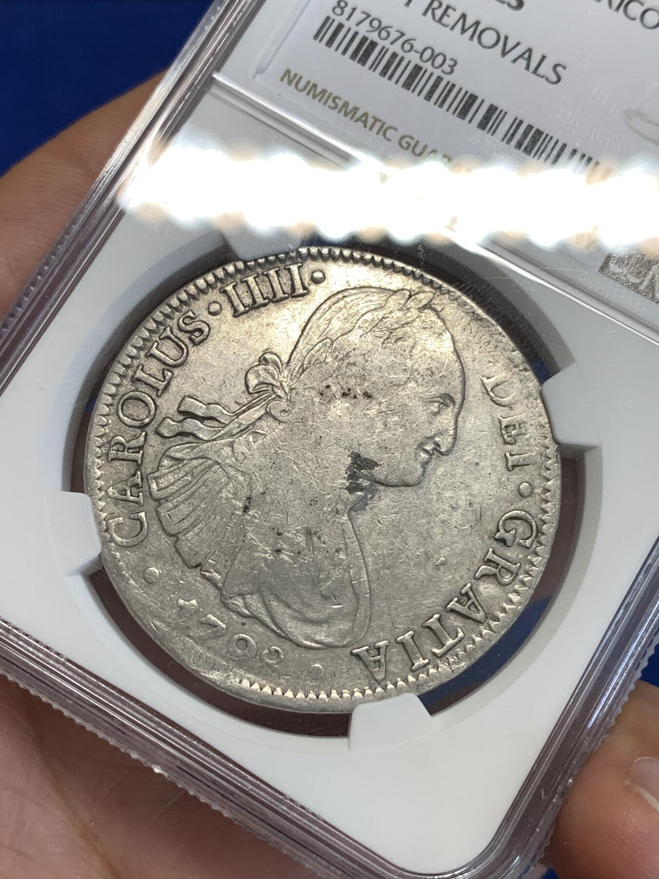 《竞宝斋》第288场-周六， 周日，周一 3场连拍 （全场包邮） NGC VFD 墨西哥1798年卡四双柱8R银币 无戳美品