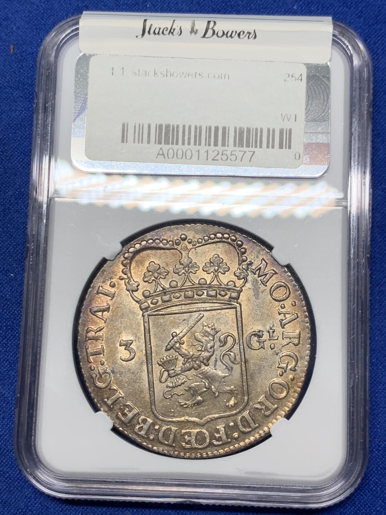 《竞宝斋》第288场-周六， 周日，周一 3场连拍 （全场包邮） NGC AU58 1794年 荷兰乌特勒支站人3盾大银币 经典站人女神 难得双面彩浆 转光流畅 58中的战斗机