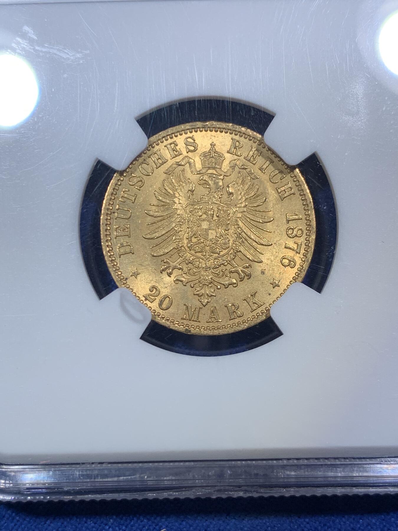 《竞宝斋》第288场-周六， 周日，周一 3场连拍 （全场包邮） NGC MS63 德国普鲁士1876A 威廉一世20马克金币 老威廉短翅好品难寻 NGC亚军分