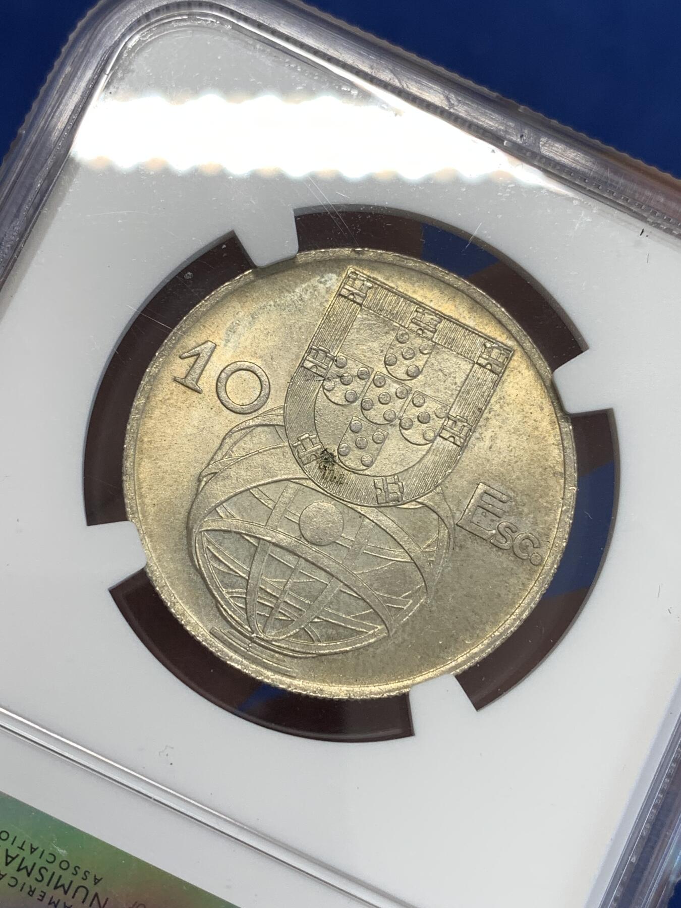 《竞宝斋》第288场-周六， 周日，周一 3场连拍 （全场包邮） NGC MS64 葡萄牙1955年大帆船10埃斯库多银币