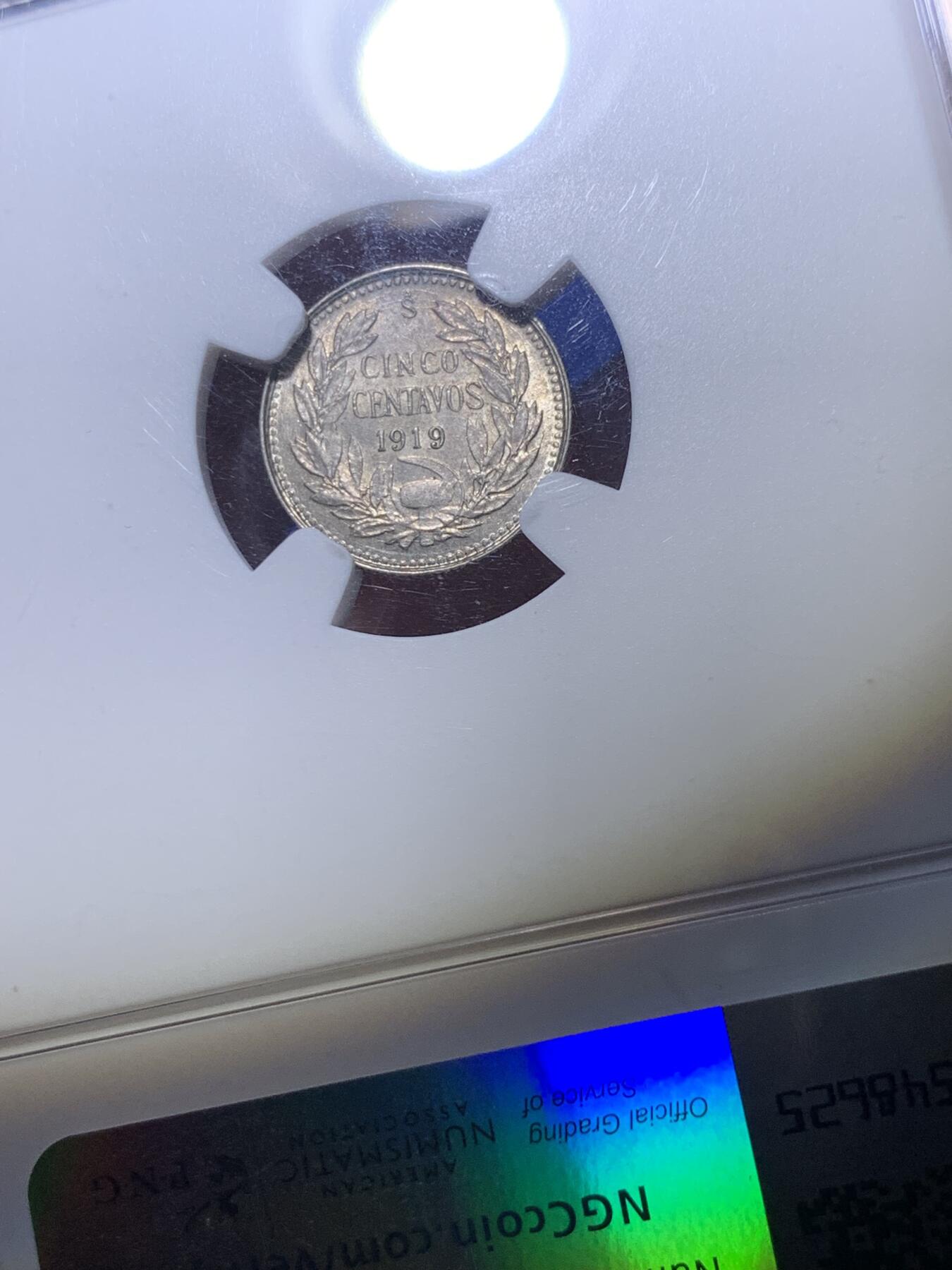 《竞宝斋》第288场-周六， 周日，周一 3场连拍 （全场包邮） NGC MS64 智利 1919年SO 5分 银币 模具裂 高分少