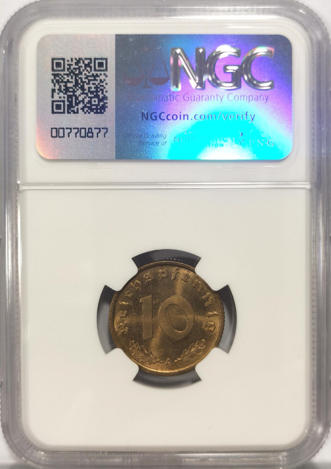 博洋堂世界钱币拍卖第084期（全场包邮） NGC MS64 德国第三帝国1939年A版10芬尼铜币