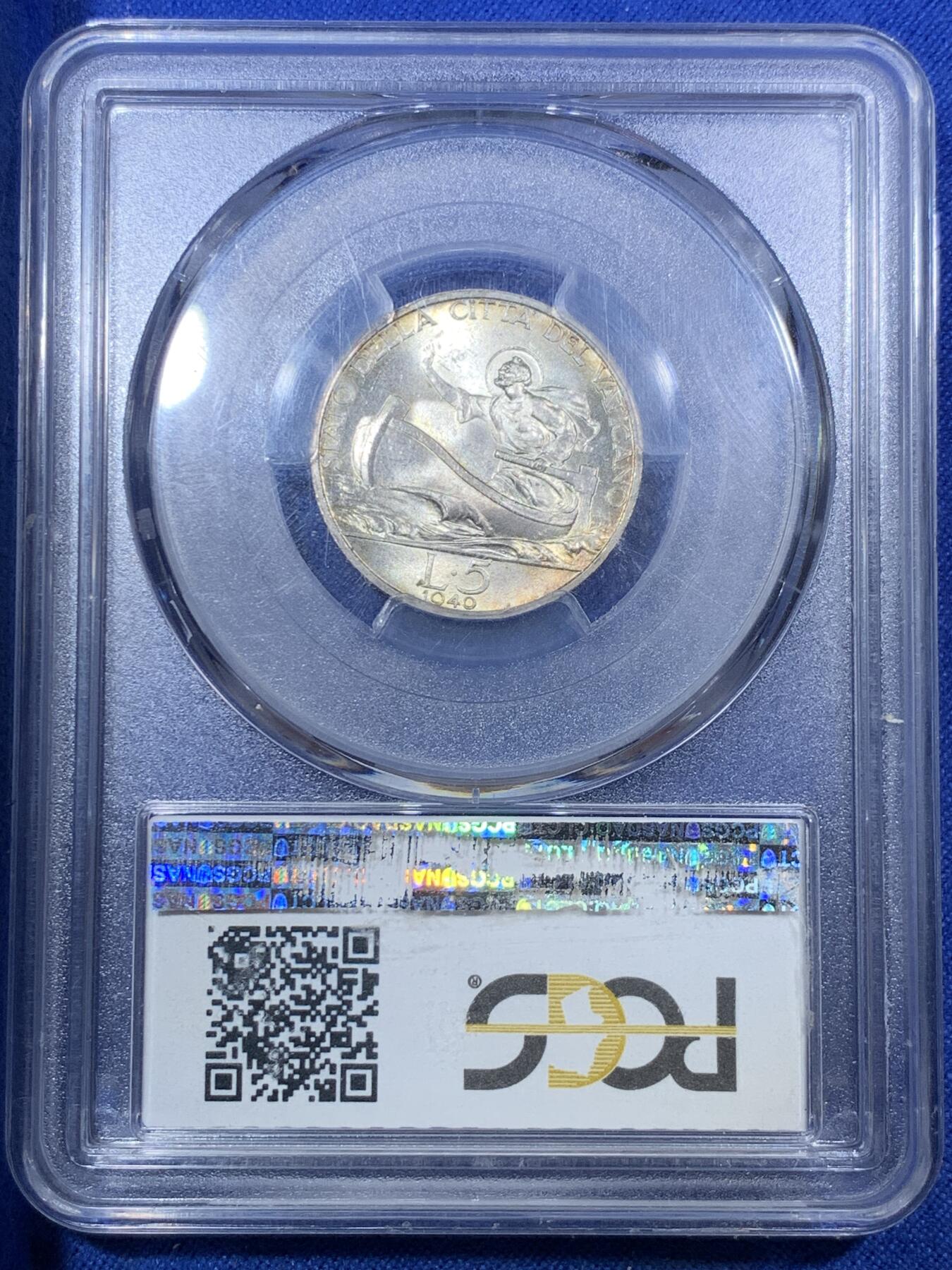 《竞宝斋》第288场-周六， 周日，周一 3场连拍 （全场包邮） PCGS MS64 梵蒂冈1940年教皇庇护十二世5里拉 原味包浆 淡黄油彩