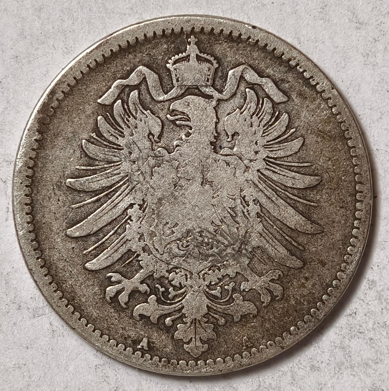 紫瑗钱币——第382期拍卖 德国 1876年 A版 第二帝国 短翅 1马克 5.5克 0.9银