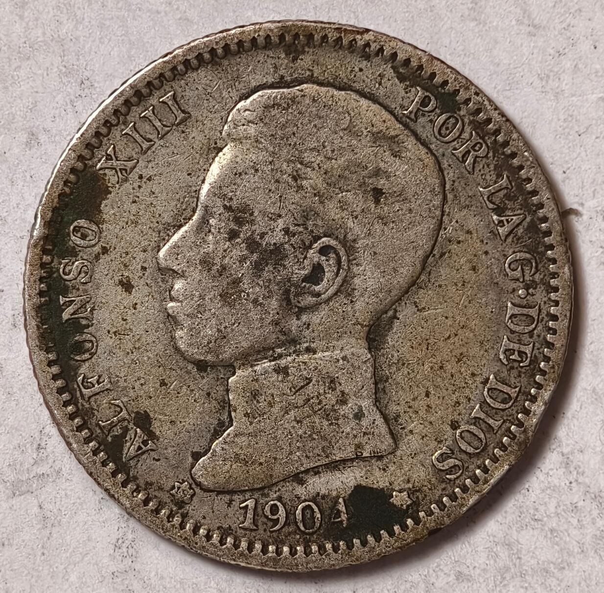 紫瑗钱币——第382期拍卖 西班牙 1904年 阿方索十三世 少年头 1比塞塔 5克 0.835银