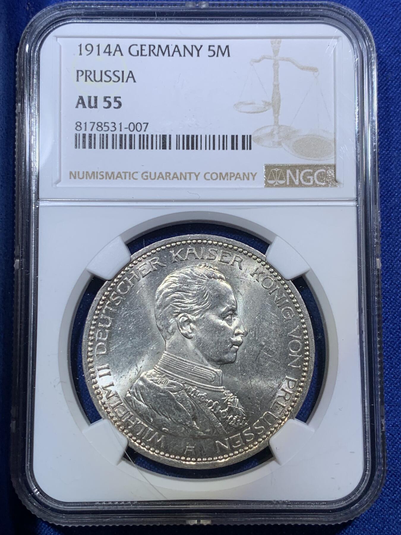 《竞宝斋》第288场-周六， 周日，周一 3场连拍 （全场包邮） NGC AU55 德国 普鲁士1914年威廉二世5马克 光感很好