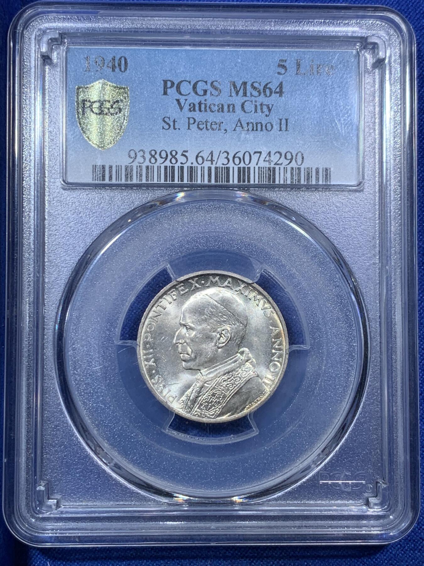 《竞宝斋》第288场-周六， 周日，周一 3场连拍 （全场包邮） PCGS MS64 梵蒂冈1940年教皇庇护十二世5里拉 原味包浆 淡黄油彩