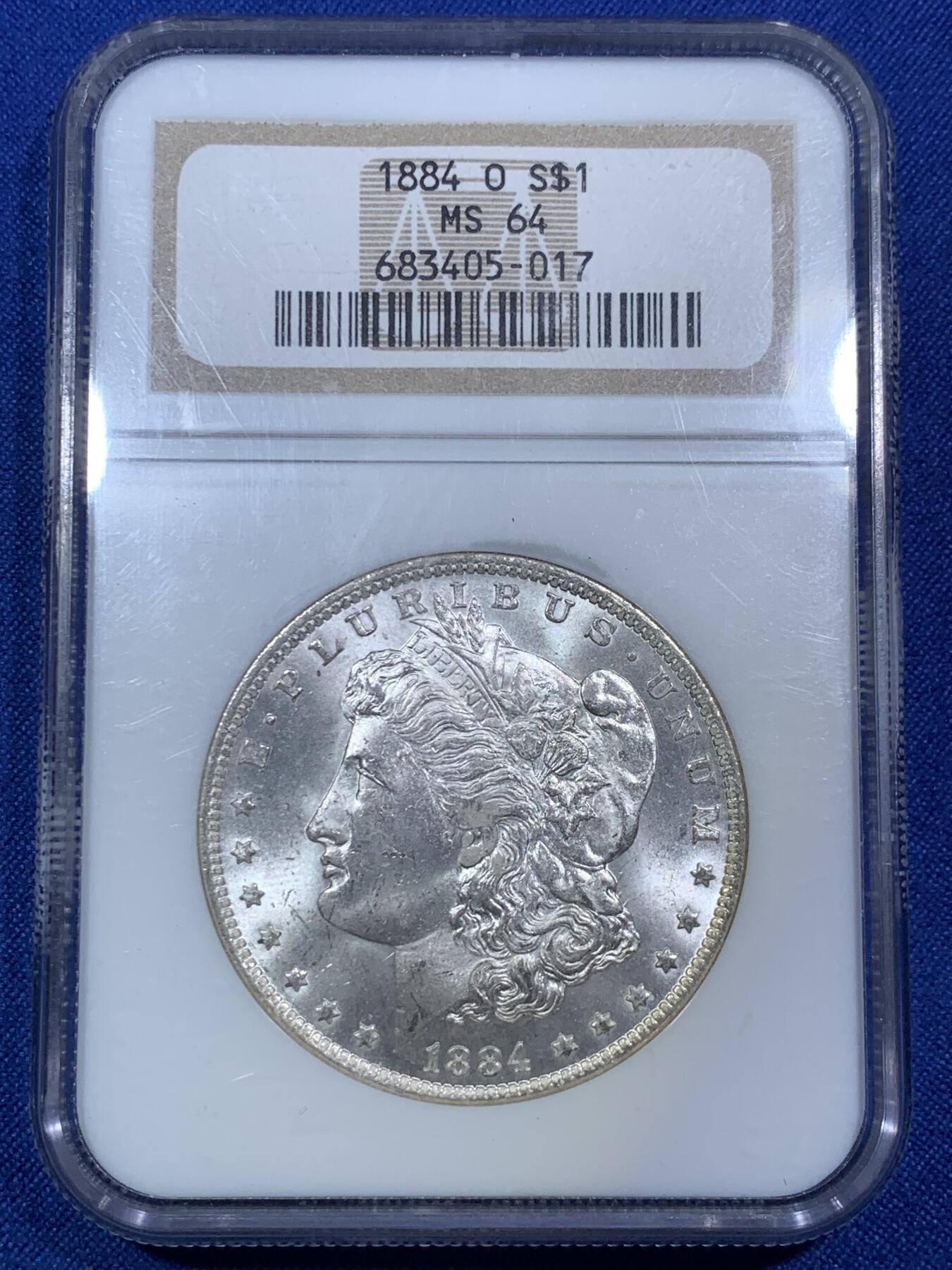 《竞宝斋》第288场-周六， 周日，周一 3场连拍 （全场包邮） NGC MS64 1884年美国摩根银币O版  N经典小白盒老盒严评无官网图。