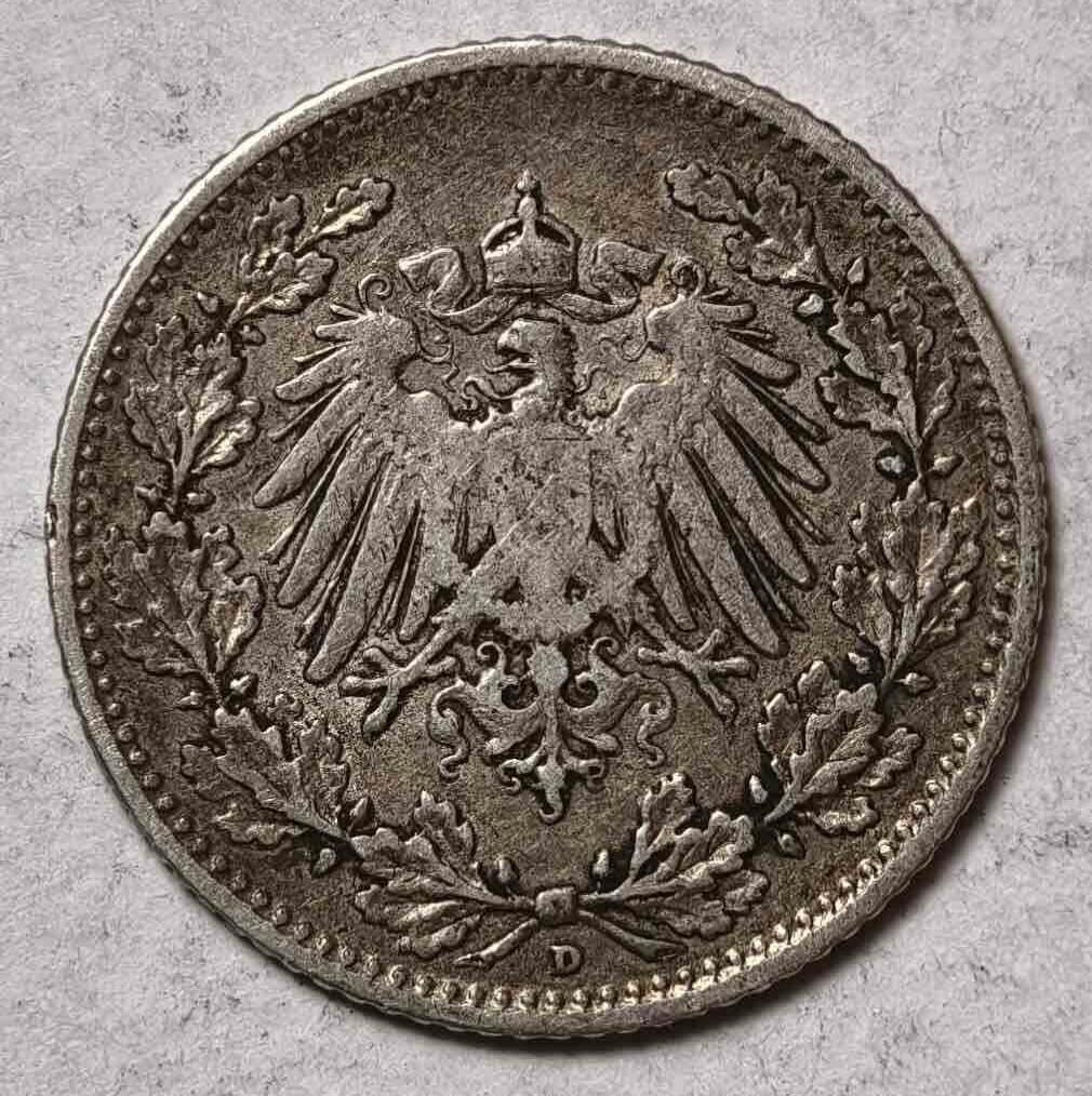 紫瑗钱币——第382期拍卖 德国 1906年 D版 第二帝国  1/2马克 银币 2.77克 0.9银