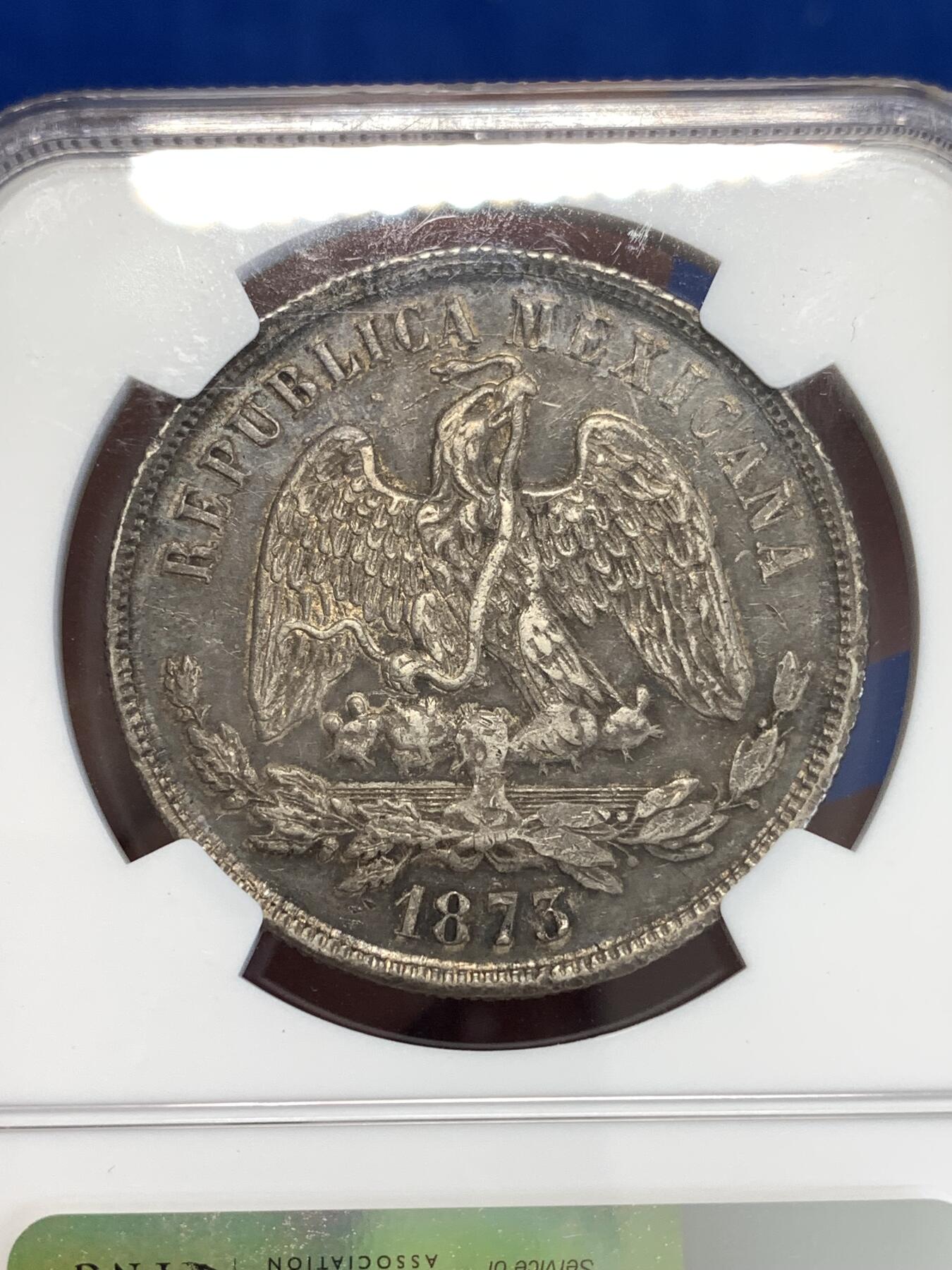 《竞宝斋》第288场-周六， 周日，周一 3场连拍 （全场包邮） NGC XF45 1873年墨西哥天平鹰洋 比较少见的年份，包浆完美，高点磨损也不多，给XF45实在是低评了