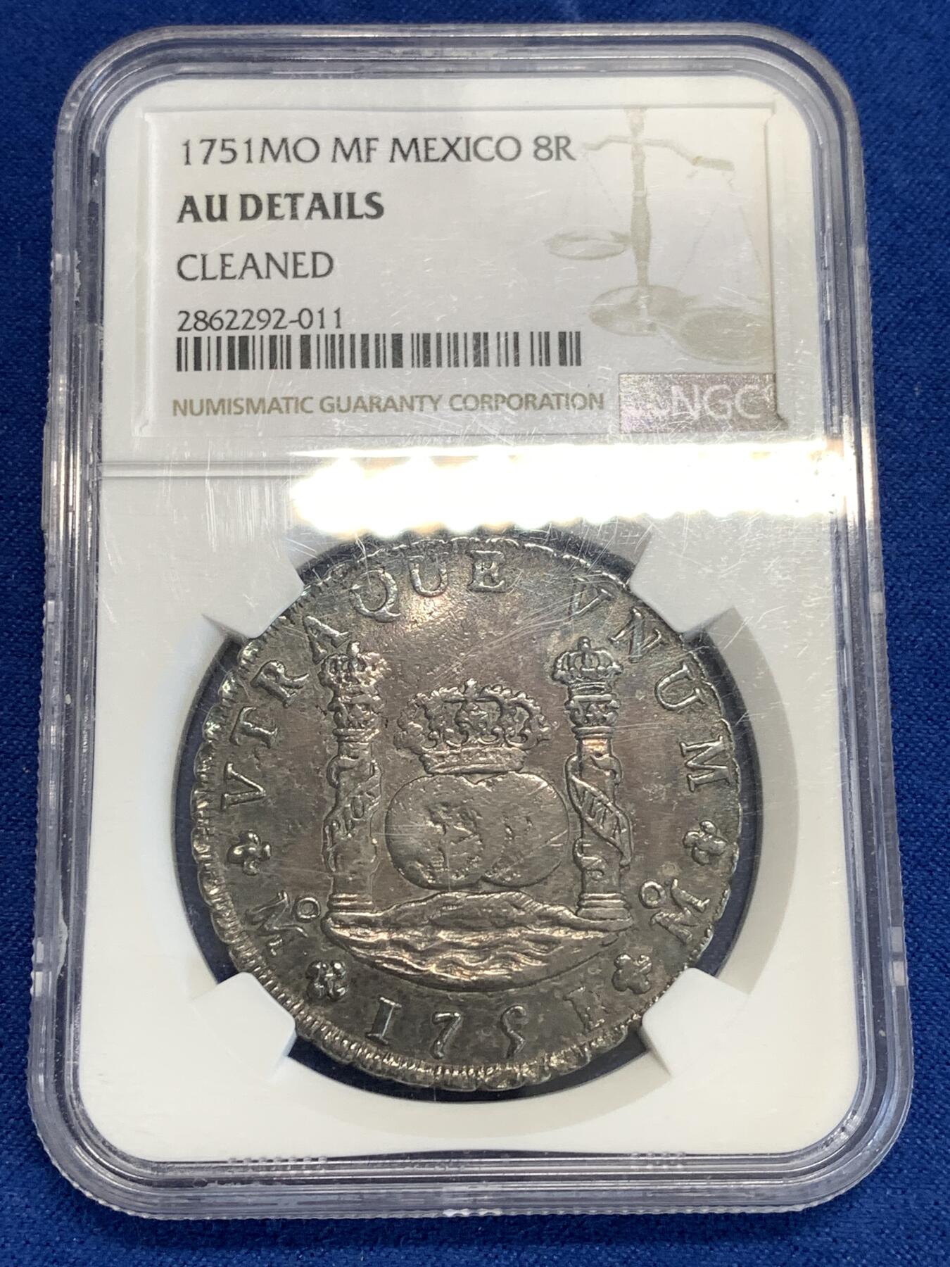 《竞宝斋》第288场-周六， 周日，周一 3场连拍 （全场包邮） NGC AUD 西属墨西哥1751年地球双柱8R银币 费迪南六世版本