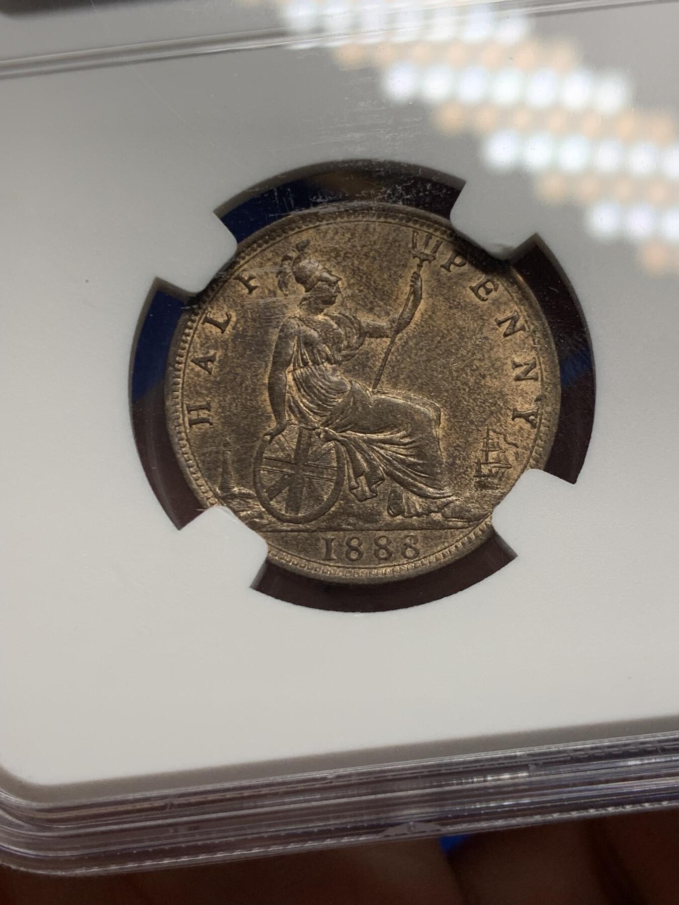 《竞宝斋》第288场-周六， 周日，周一 3场连拍 （全场包邮） NGC MS63BN 英国1888年小维半便士铜币 吉祥年份 N盒季军分 更高分只有8枚 少见铜币