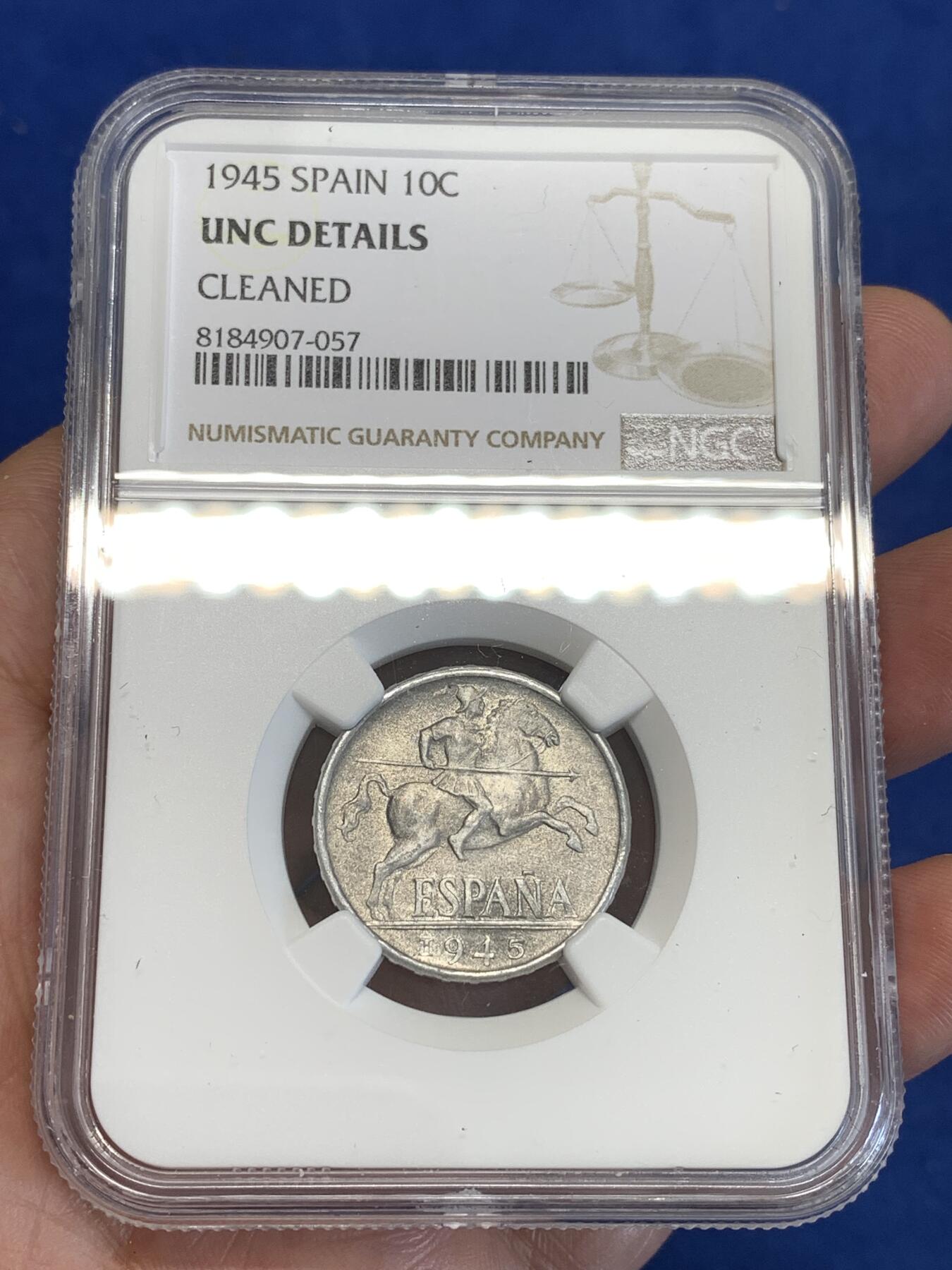 《竞宝斋》第288场-周六， 周日，周一 3场连拍 （全场包邮） NGC UNCD 西班牙1945年唐吉坷德勇士10分铝币