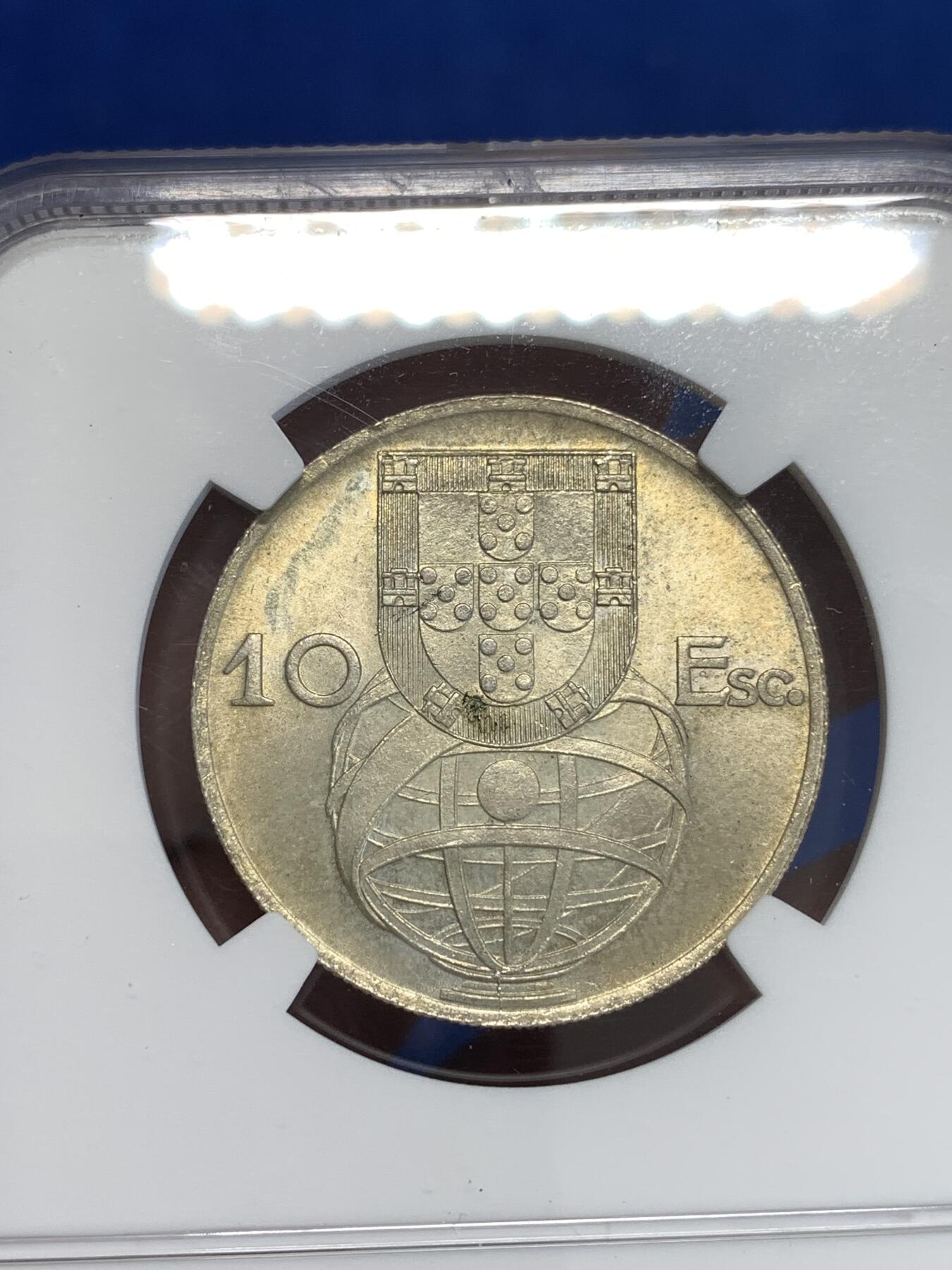 《竞宝斋》第288场-周六， 周日，周一 3场连拍 （全场包邮） NGC MS64 葡萄牙1955年大帆船10埃斯库多银币