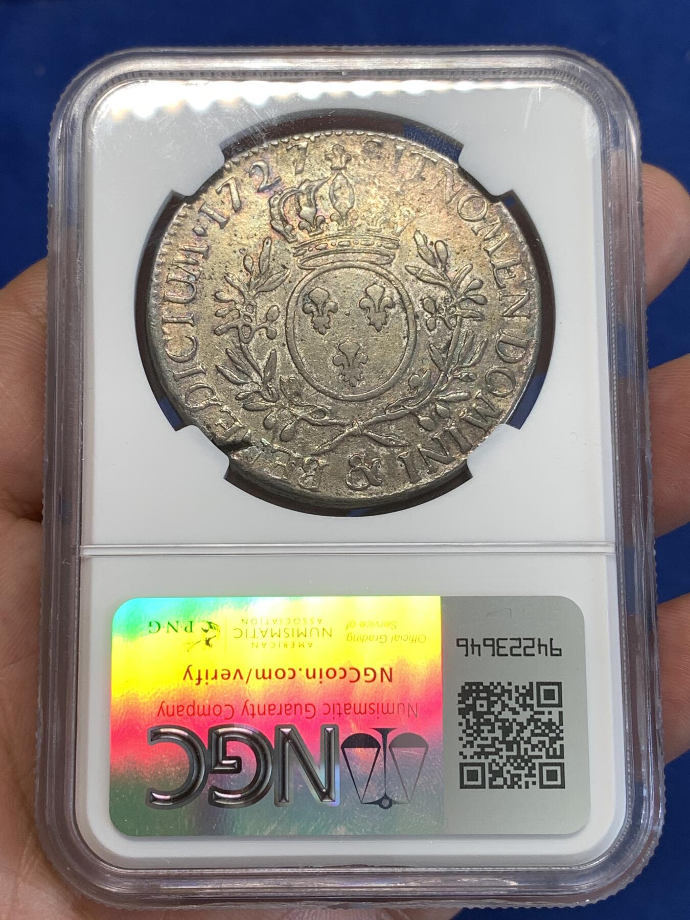 《竞宝斋》第288场-周六， 周日，周一 3场连拍 （全场包邮） NGC VF30 法国1727年路易十五埃居大银 金彩包浆 唯一冠军分