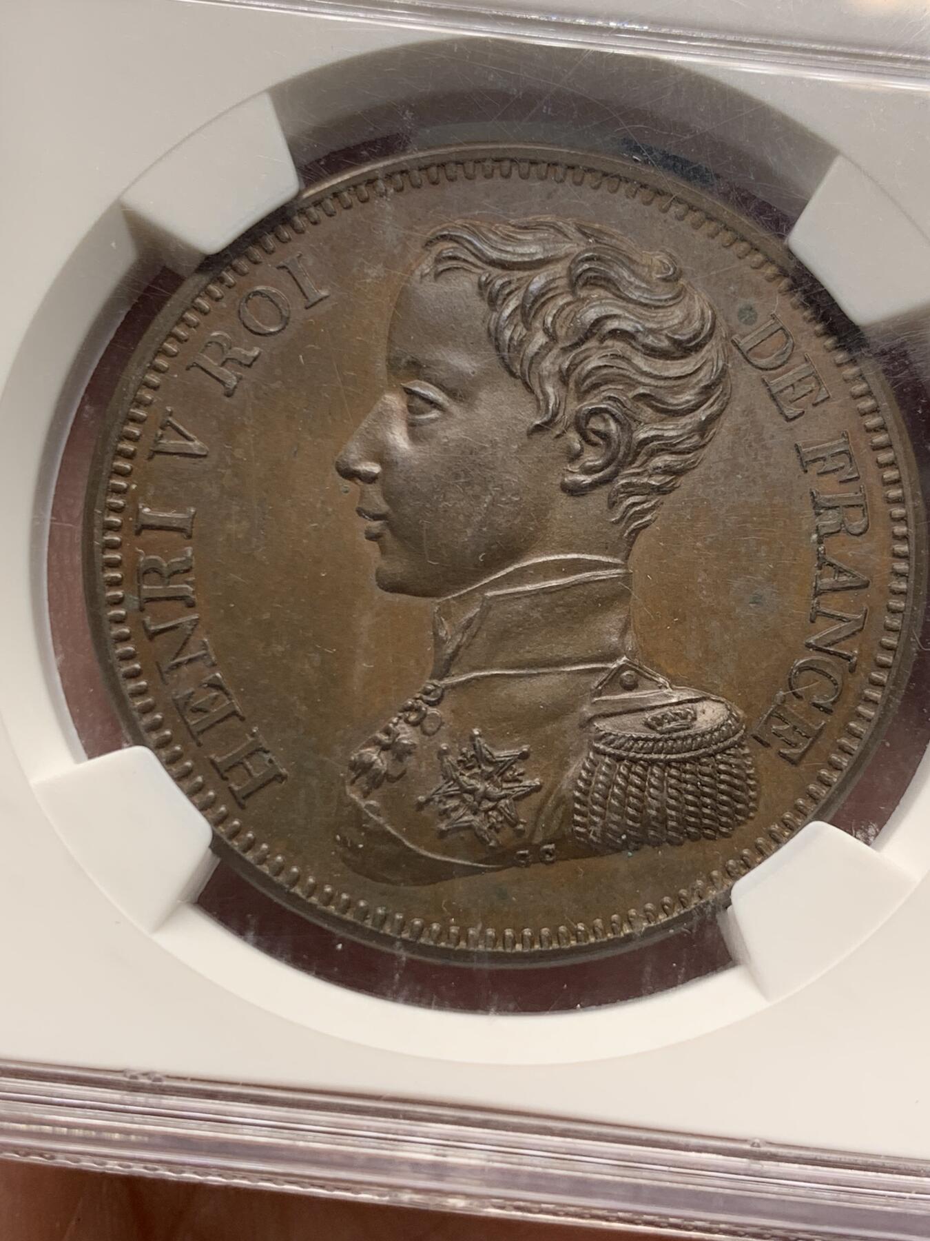 《竞宝斋》第288场-周六， 周日，周一 3场连拍 （全场包邮） NGC MS63BN 法国1830年亨利五世5法郎铜样币  丝滑巧克力，老N盒保障。仅仅在位7天的小国王，铸造精良，意义非凡。银样MS已过五位数，铜样极富潜力