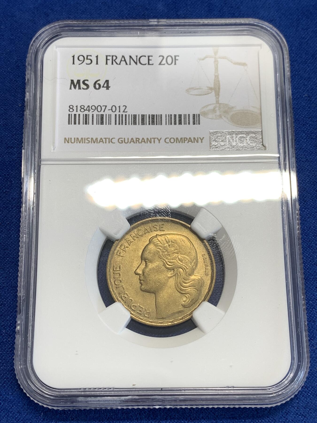 《竞宝斋》第288场-周六， 周日，周一 3场连拍 （全场包邮） NGC MS64 法国第四共和国时期1951女神20法郎铜币