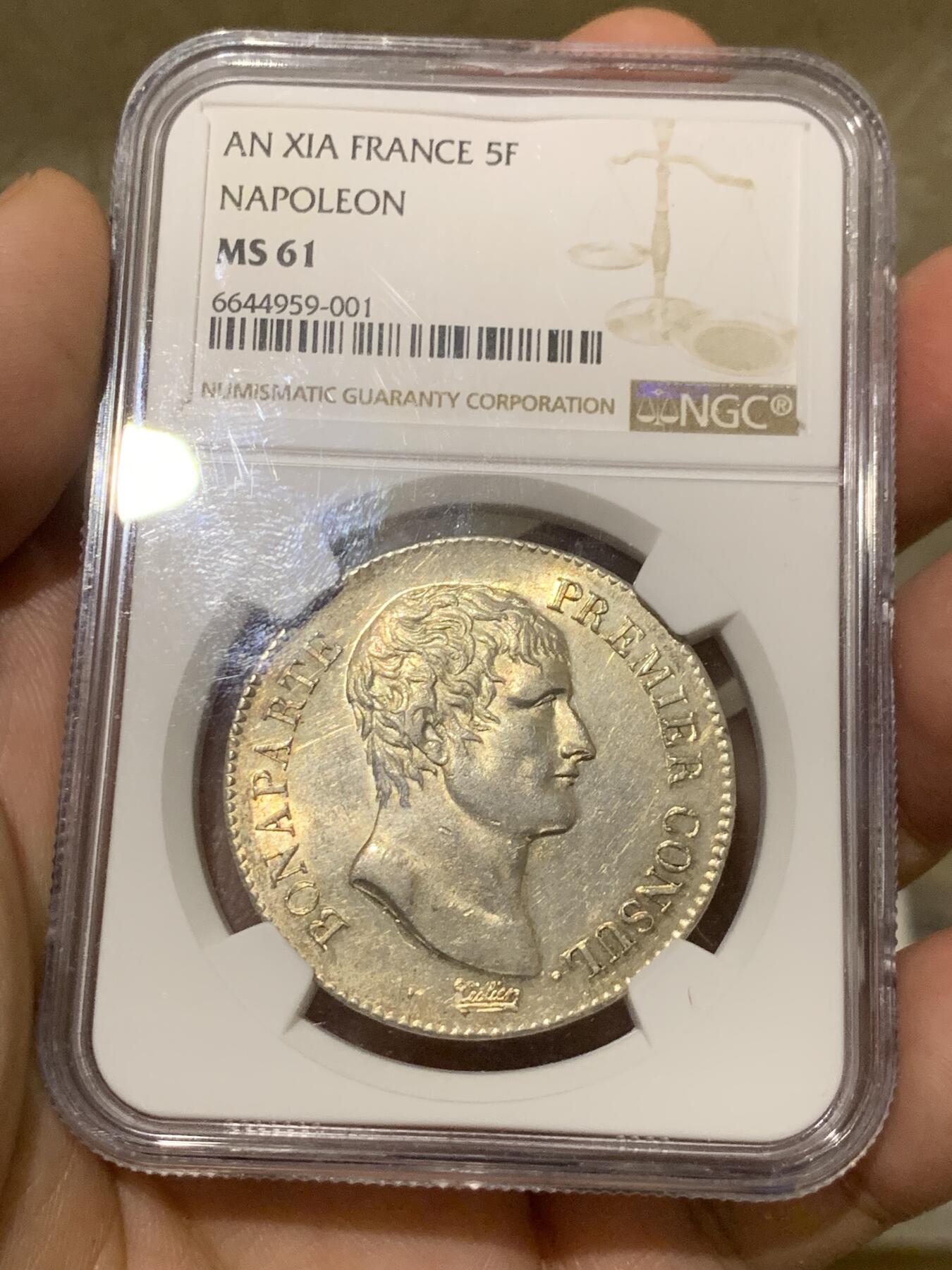 《竞宝斋》第288场-周六， 周日，周一 3场连拍 （全场包邮） NGC MS61 共和11年  法国拿破仑执政官5法郎大银币 大名誉品 拿破仑凯撒头像 好品几年难求 最新SBP拍卖上同分价格拍到接近30000RMB