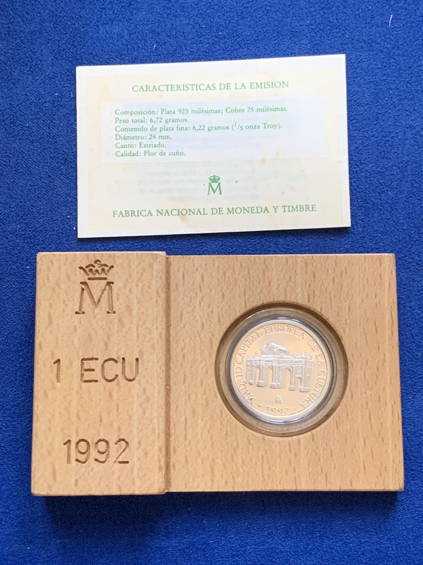 《竞宝斋》第288场-周六， 周日，周一 3场连拍 （全场包邮） 原盒 西班牙1992年 1艾古 精制银币