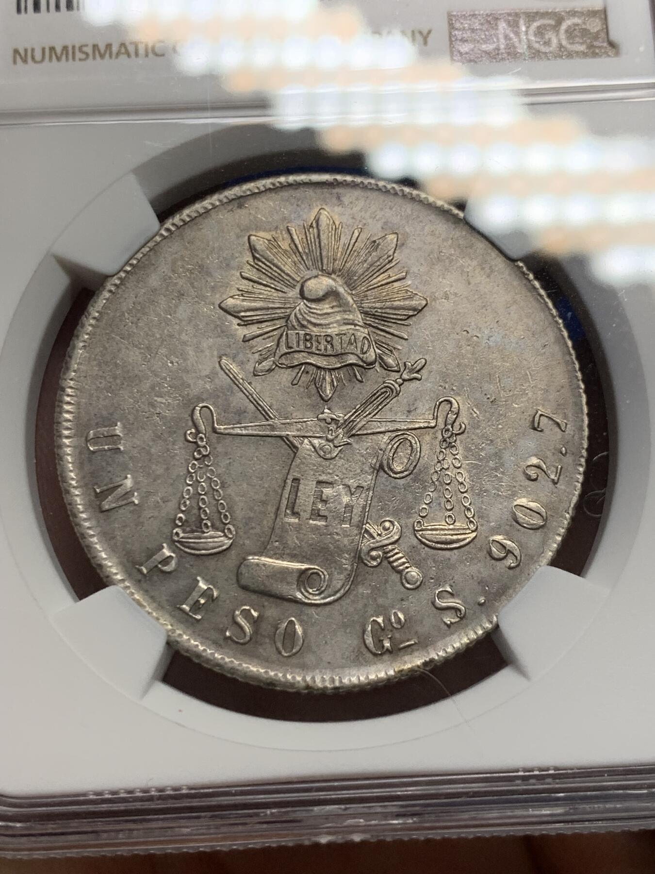 《竞宝斋》第288场-周六， 周日，周一 3场连拍 （全场包邮） NGC AU58 墨西哥1873Go厂天平鹰洋 淡灰蓝包浆 鹰羽犀利 极富性价比的状态 自藏佳品