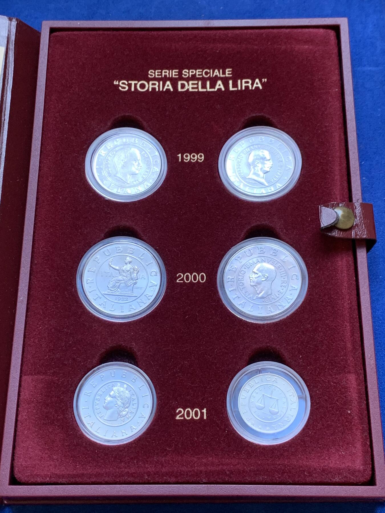 《竞宝斋》第288场-周六， 周日，周一 3场连拍 （全场包邮） 意大利6枚装纪念套币 1999年1里拉两枚+2000年1里拉两枚+2001年1里拉两枚 跨世纪 全品盒证全