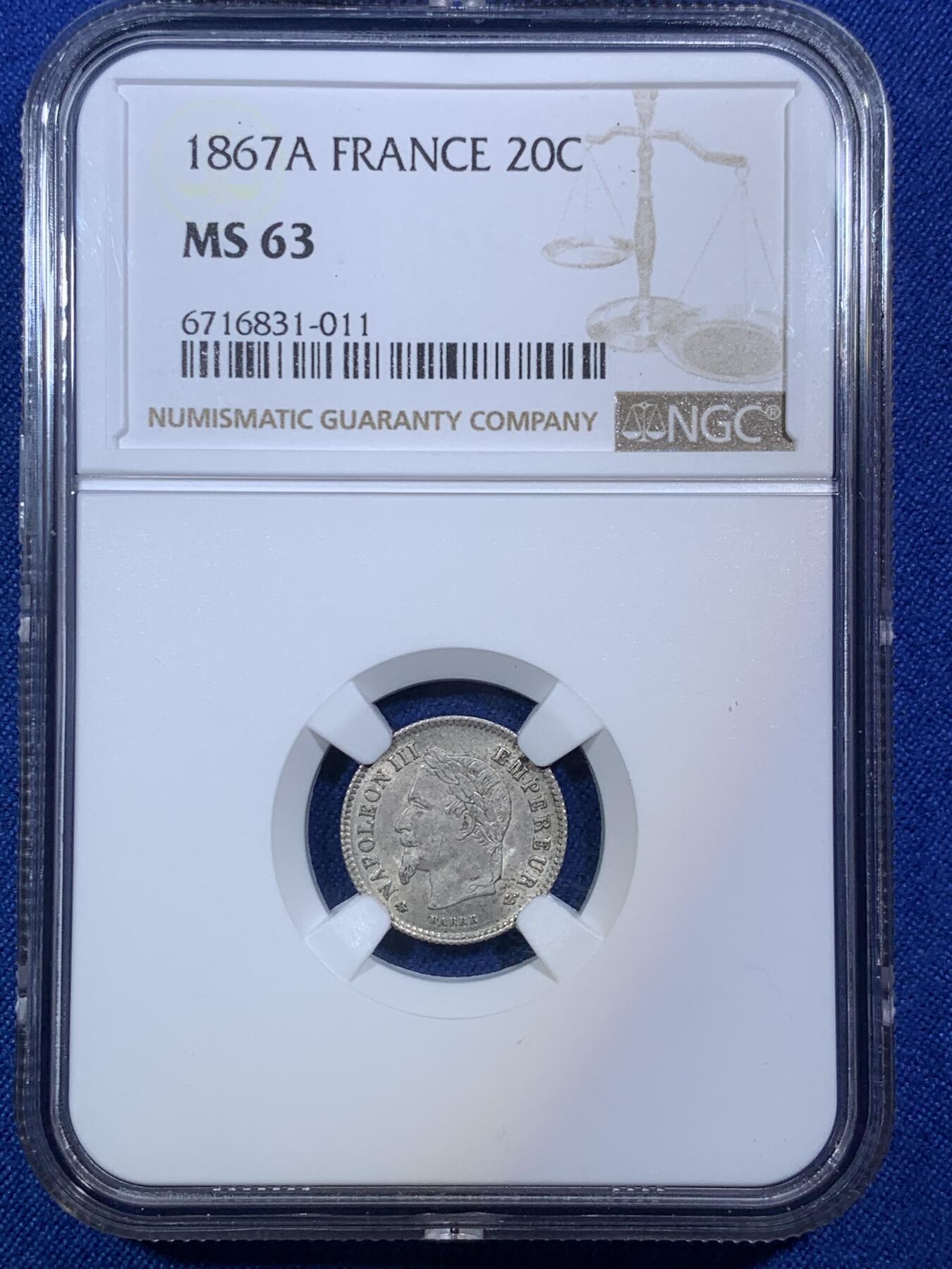 《竞宝斋》第288场-周六， 周日，周一 3场连拍 （全场包邮） NGC MS63 法国1867年拿破仑三世20分银币
