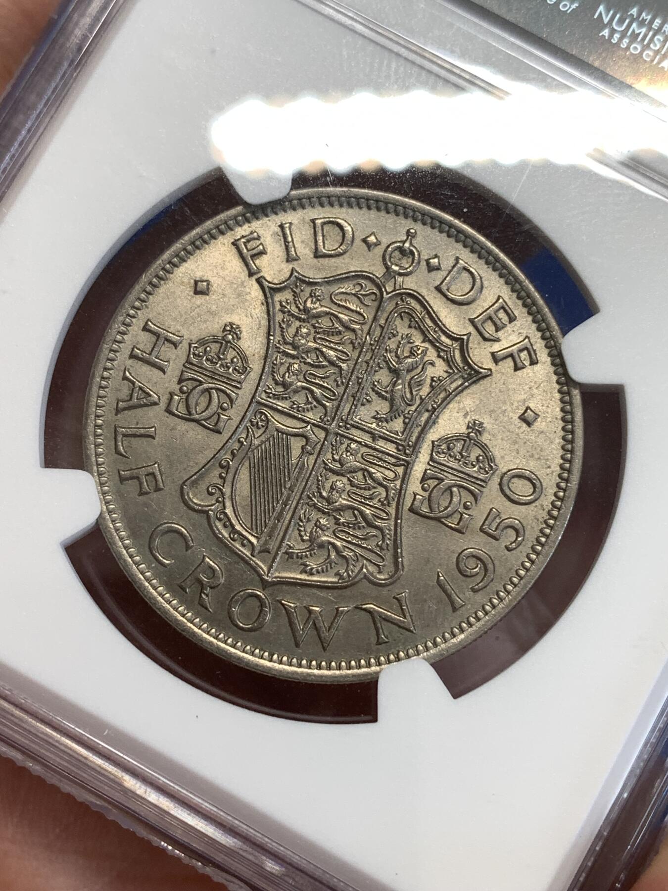 《竞宝斋》第288场-周六， 周日，周一 3场连拍 （全场包邮） NGC MS62 英国1950半克朗镍币 正反面都带转光 细节也不错 比较少见的早期英国 性价比高