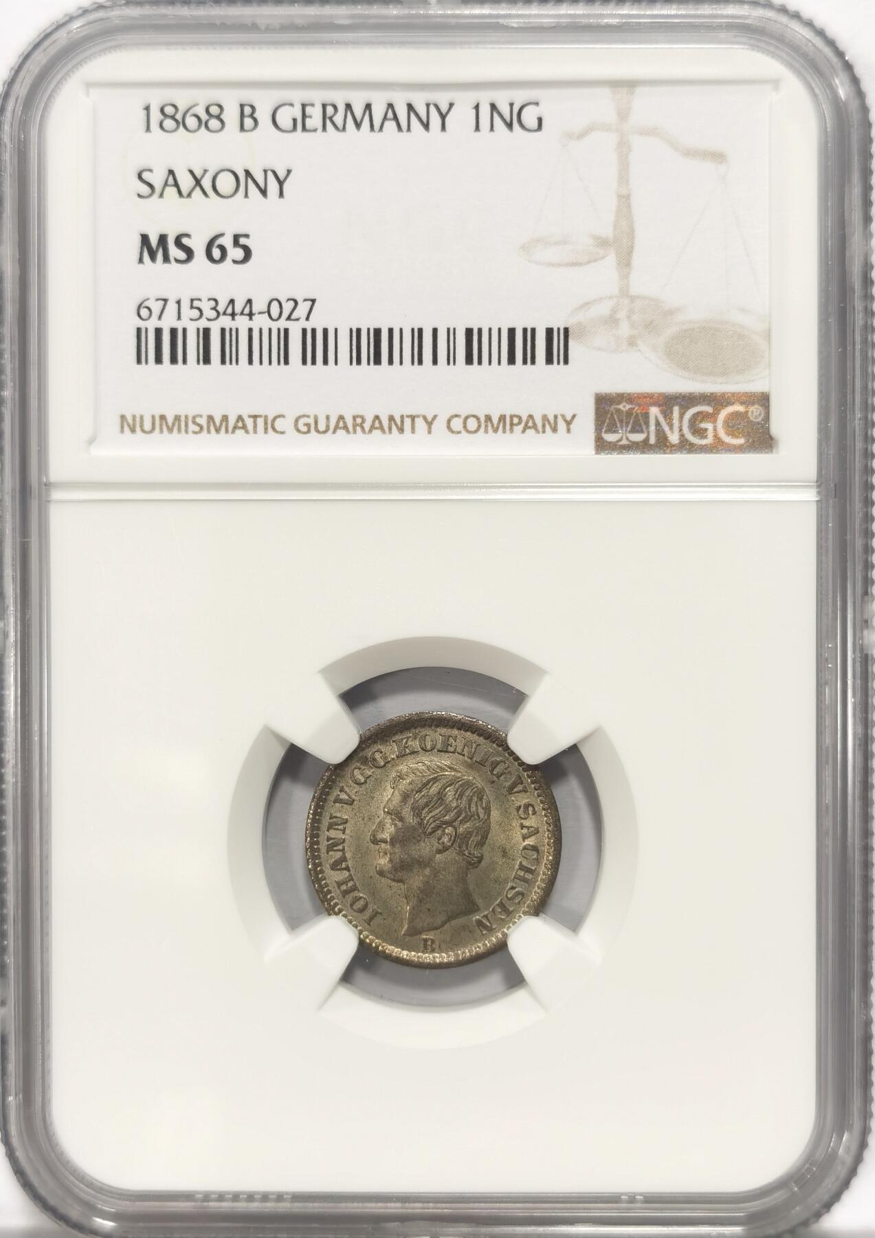 博洋堂世界钱币拍卖第084期（全场包邮） NGC MS65 冠军分！德国萨克森1868年1格罗申(10芬尼)银币