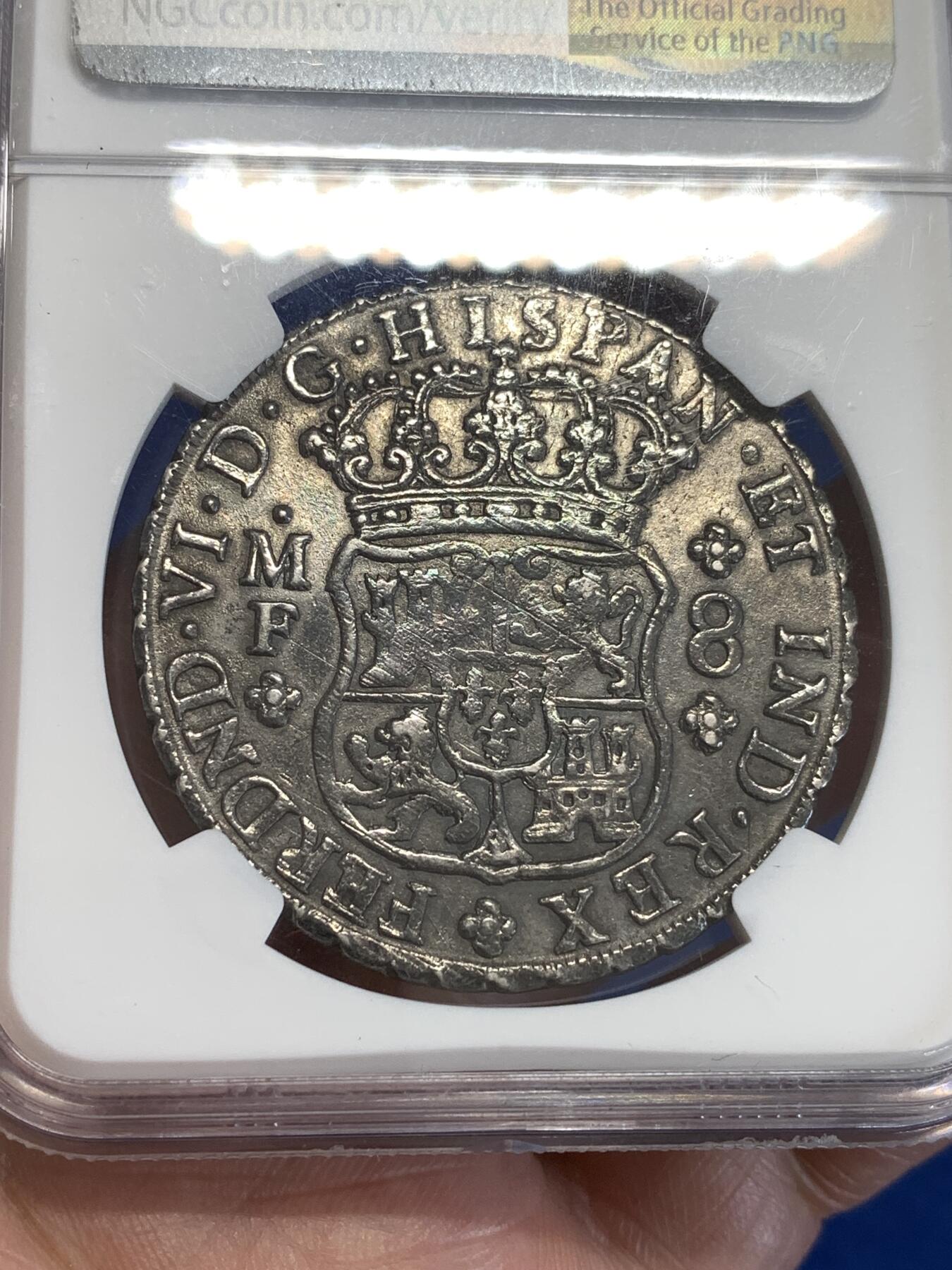 《竞宝斋》第288场-周六， 周日，周一 3场连拍 （全场包邮） NGC AUD 西属墨西哥1751年地球双柱8R银币 费迪南六世版本