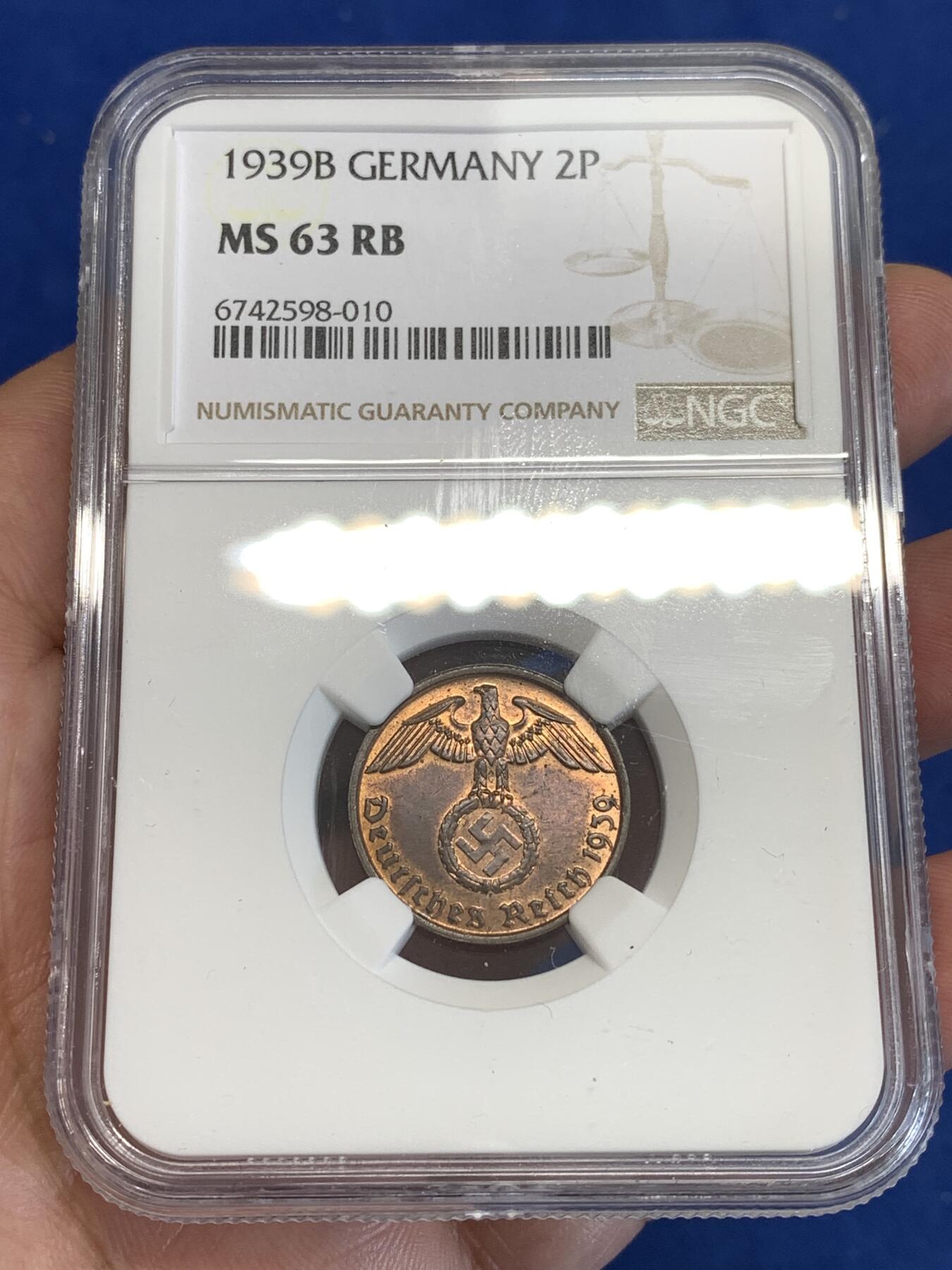 《竞宝斋》第288场-周六， 周日，周一 3场连拍 （全场包邮） NGC MS63RB 1939B德意志第三帝国2芬尼铜币