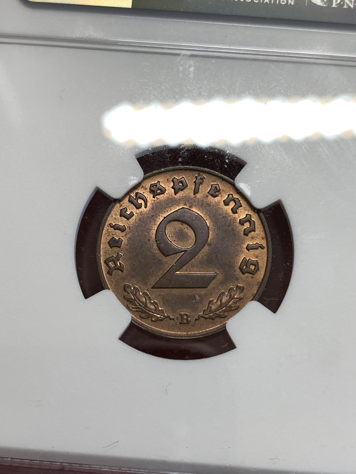 《竞宝斋》第288场-周六， 周日，周一 3场连拍 （全场包邮） NGC MS63RB 1939B德意志第三帝国2芬尼铜币